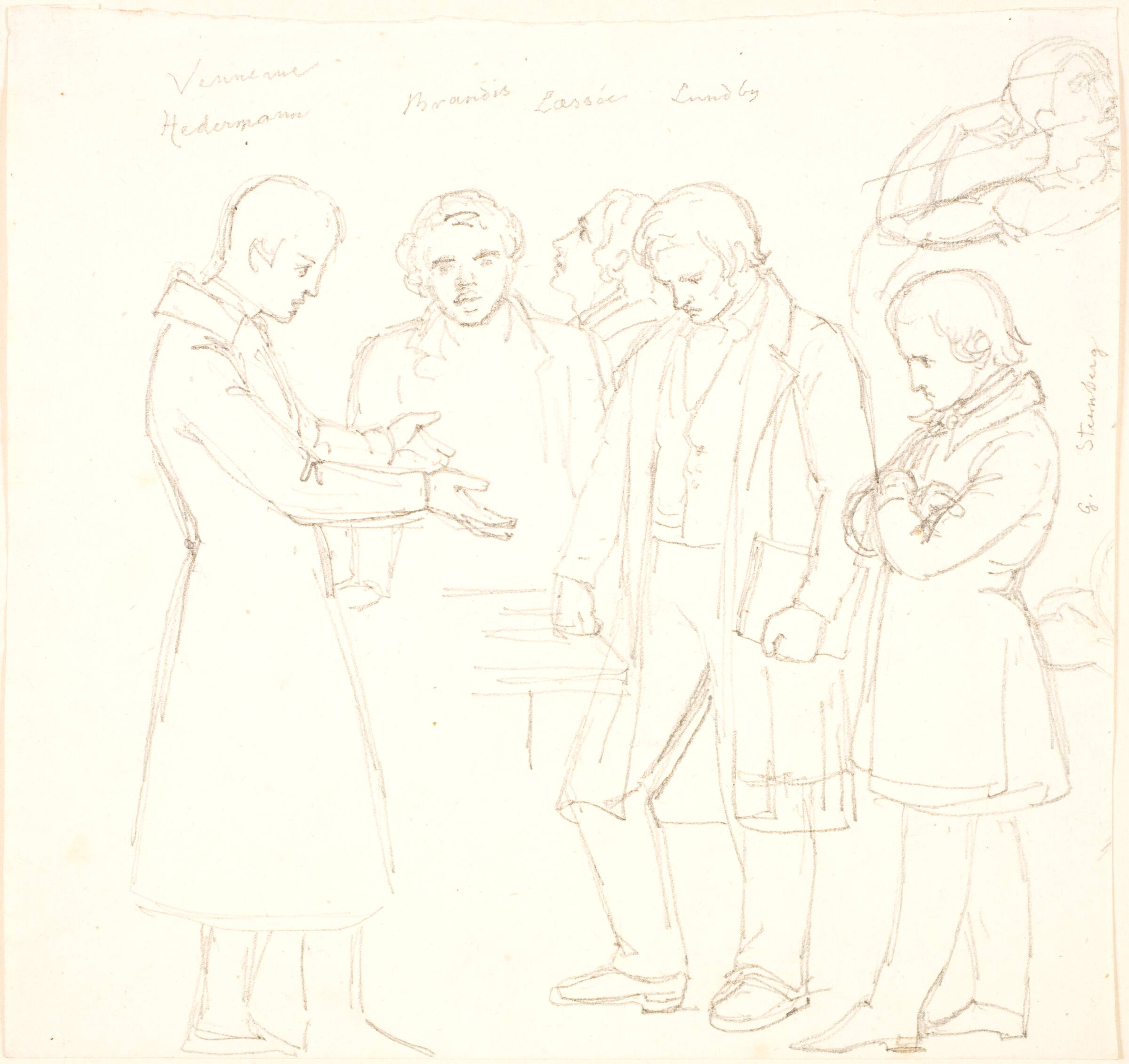 Fem personer stående ved et bord, Lorenz Frølich, 1837-1840