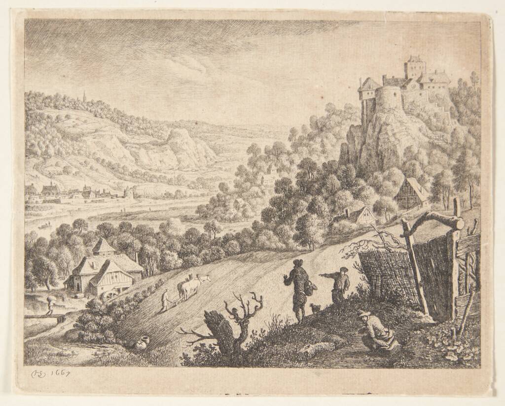 Panorama over bjergrigt landskab med en flod, i forgrunden marker, Herman Saftleven, 1667