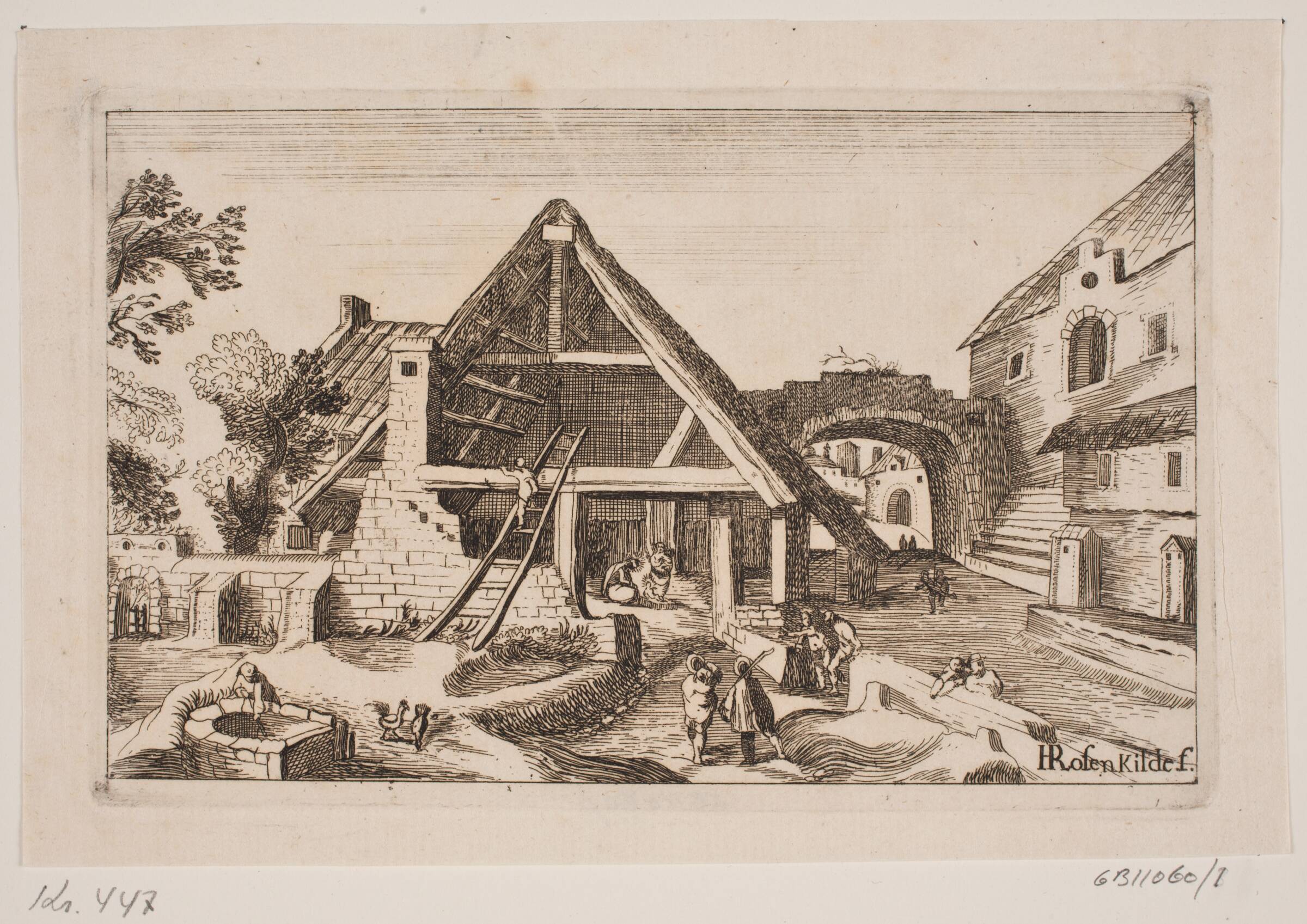Byinteriør med lade og Jesu fødsel, H. Rosenkilde, 1746