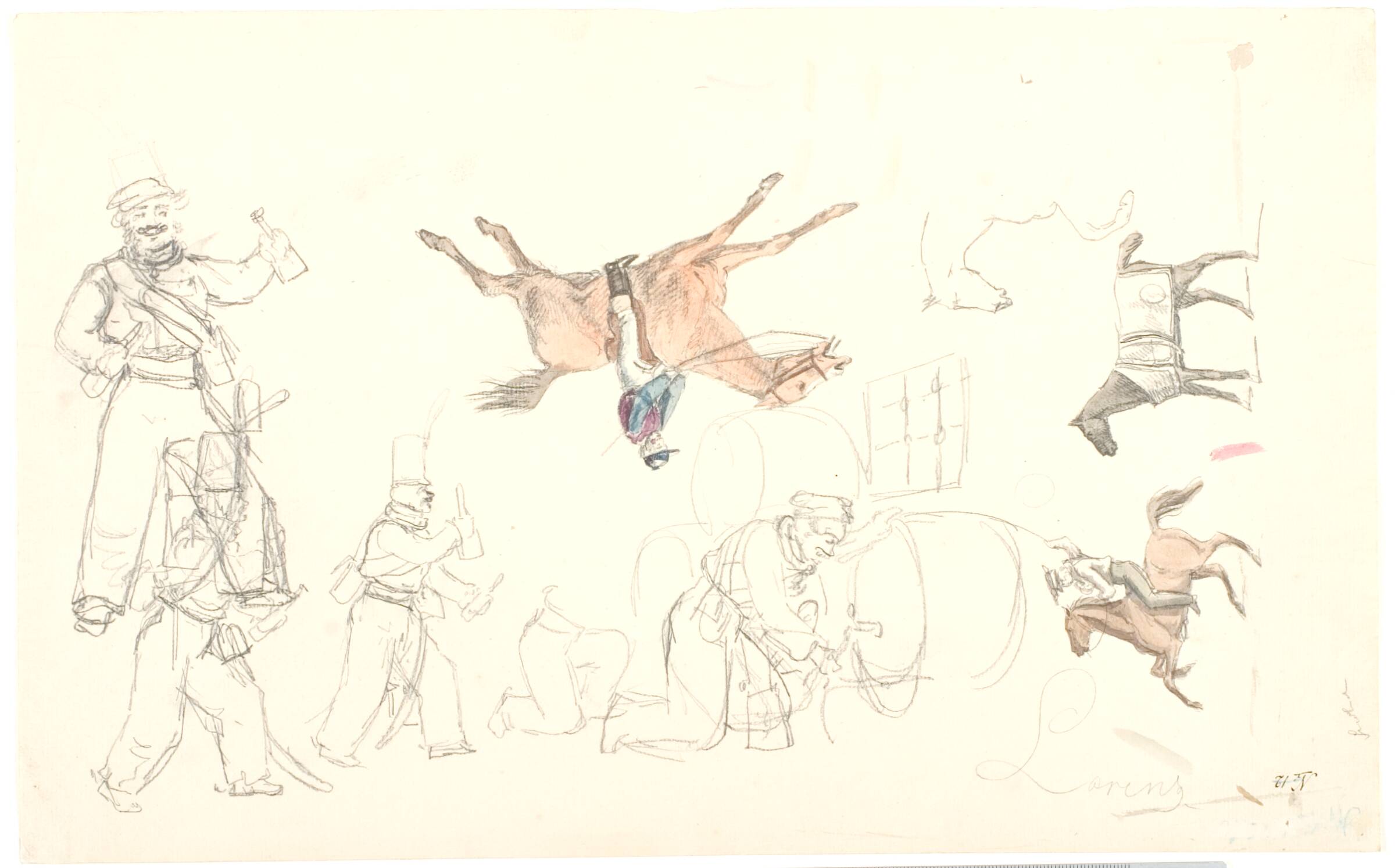 Forskellige udkast med ryttere, heste, soldater og andre figurer, Lorenz Frølich, 1835-1908