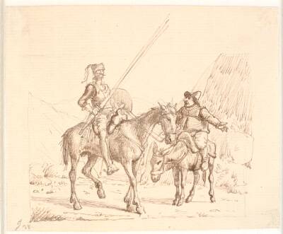 Sancho på æslet forklarer Don Quixote noget