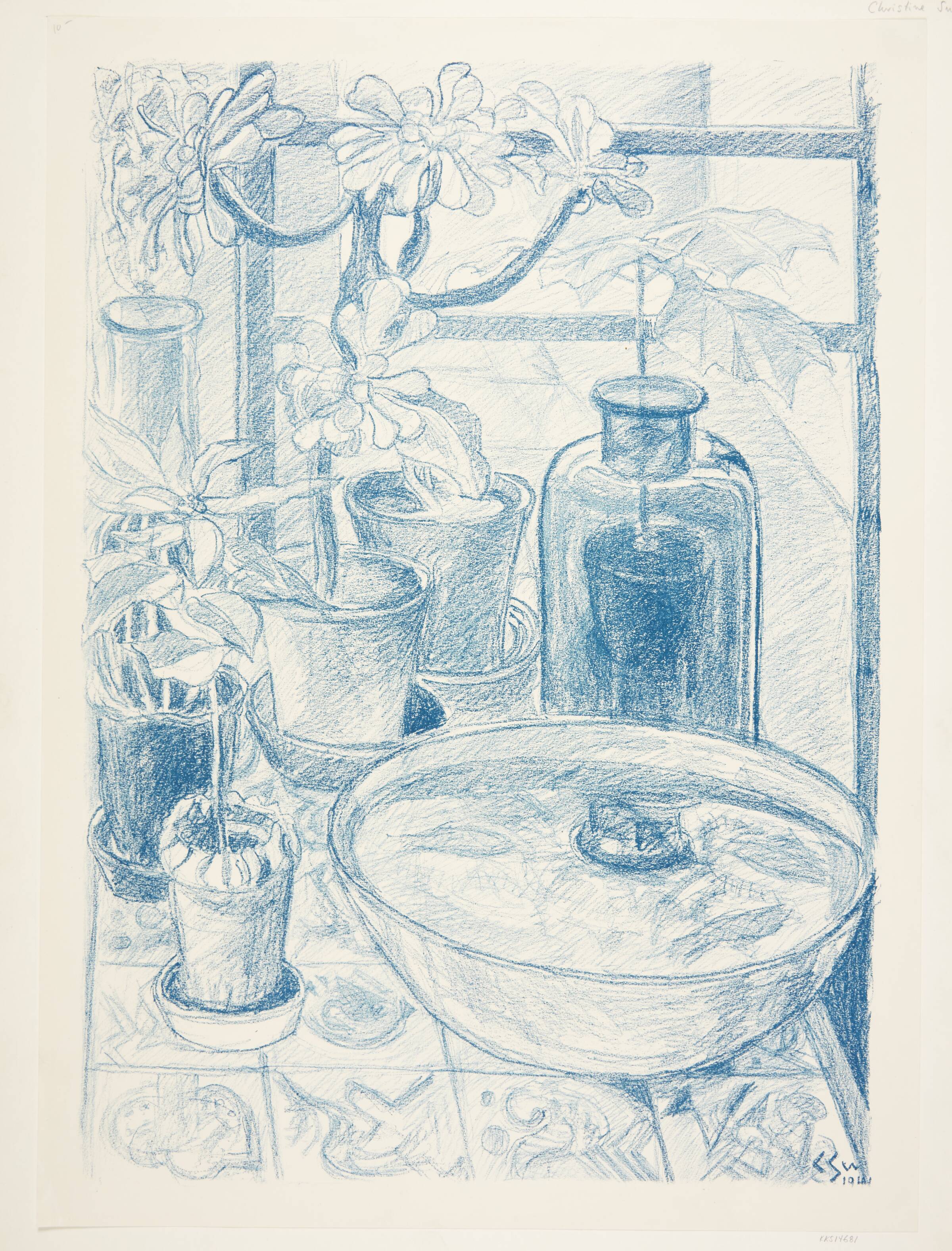 Opstilling med plante, kar med fisk, flaske, Christine Swane, 1941