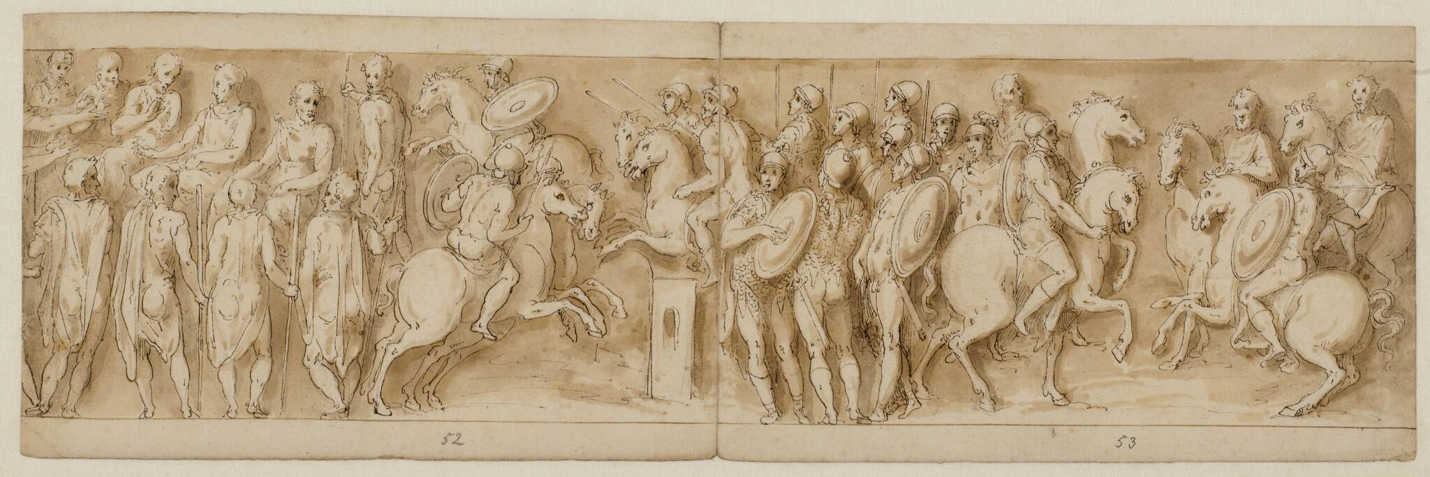 Sarmatere for det kejserlige råd; Marcus Aurelius og Pompejus på hesteryg, omgivet af vagter, betragter en rytterfægtning; budbringere fra den germanske adel