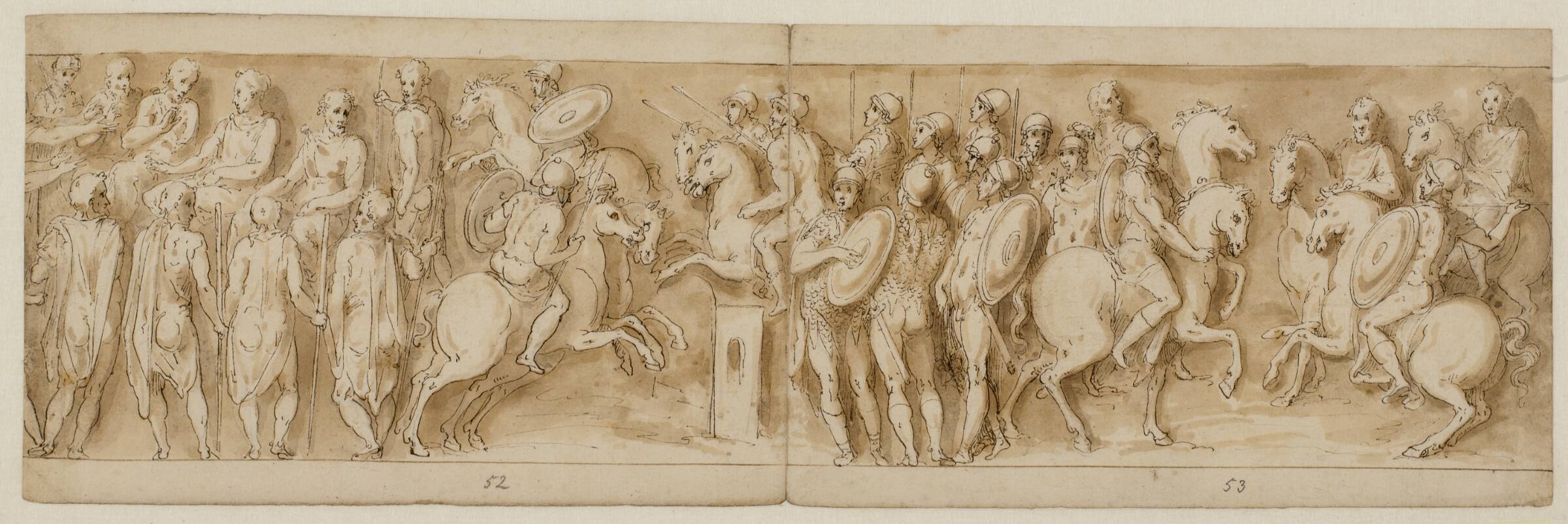 Sarmatere for det kejserlige råd; Marcus Aurelius og Pompejus på hesteryg, omgivet af vagter, betragter en rytterfægtning; budbringere fra den germanske adel, Джованни Гуэрра, 1540-1618