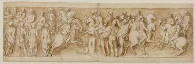 Sarmatere for det kejserlige råd; Marcus Aurelius og Pompejus på hesteryg, omgivet af vagter, betragter en rytterfægtning; budbringere fra den germanske adel