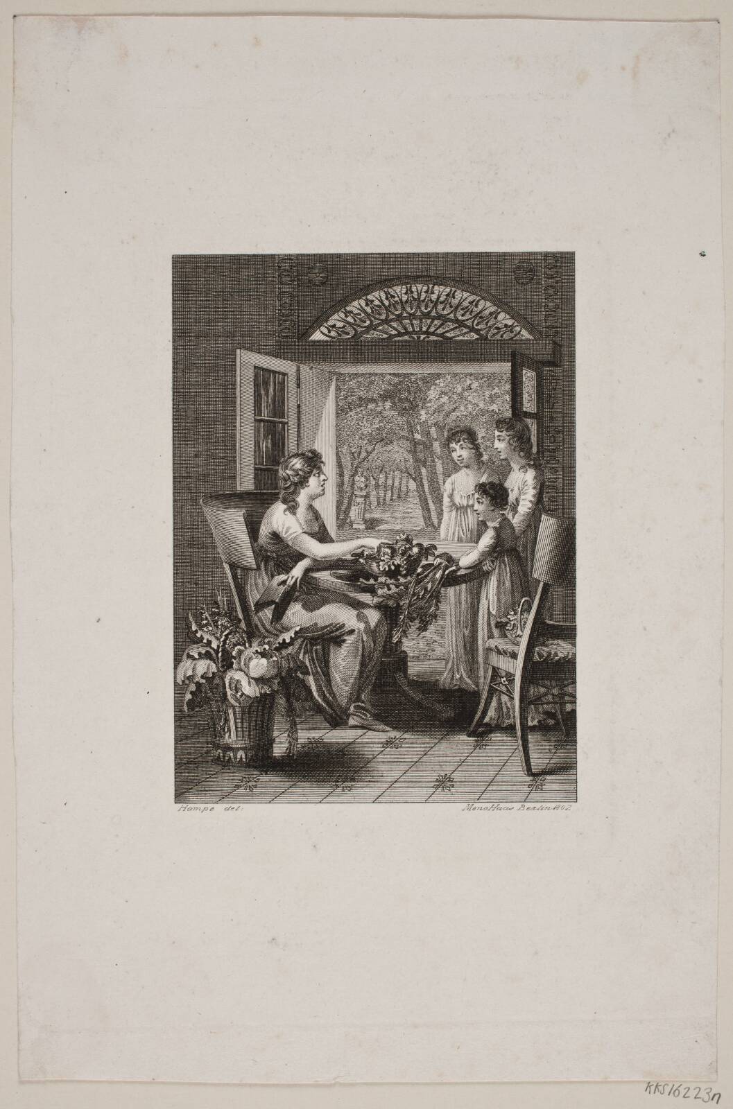 Illustration med kvinder om et bord i en havestue, by Meno Haas, 1802