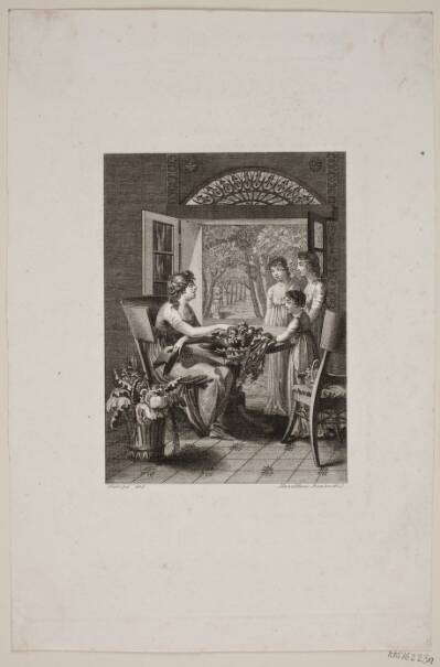 Illustration med kvinder om et bord i en havestue