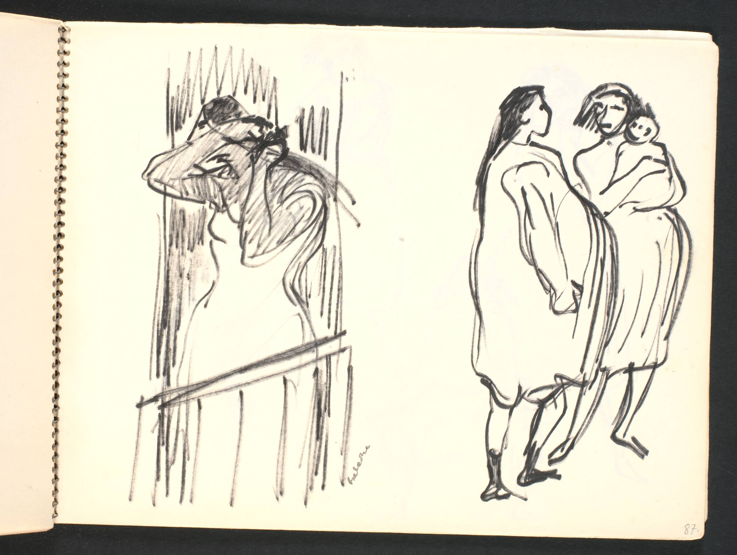 Ung kvinde på en balkon, to gående kvinder, Gottfred Eickhoff, 1952