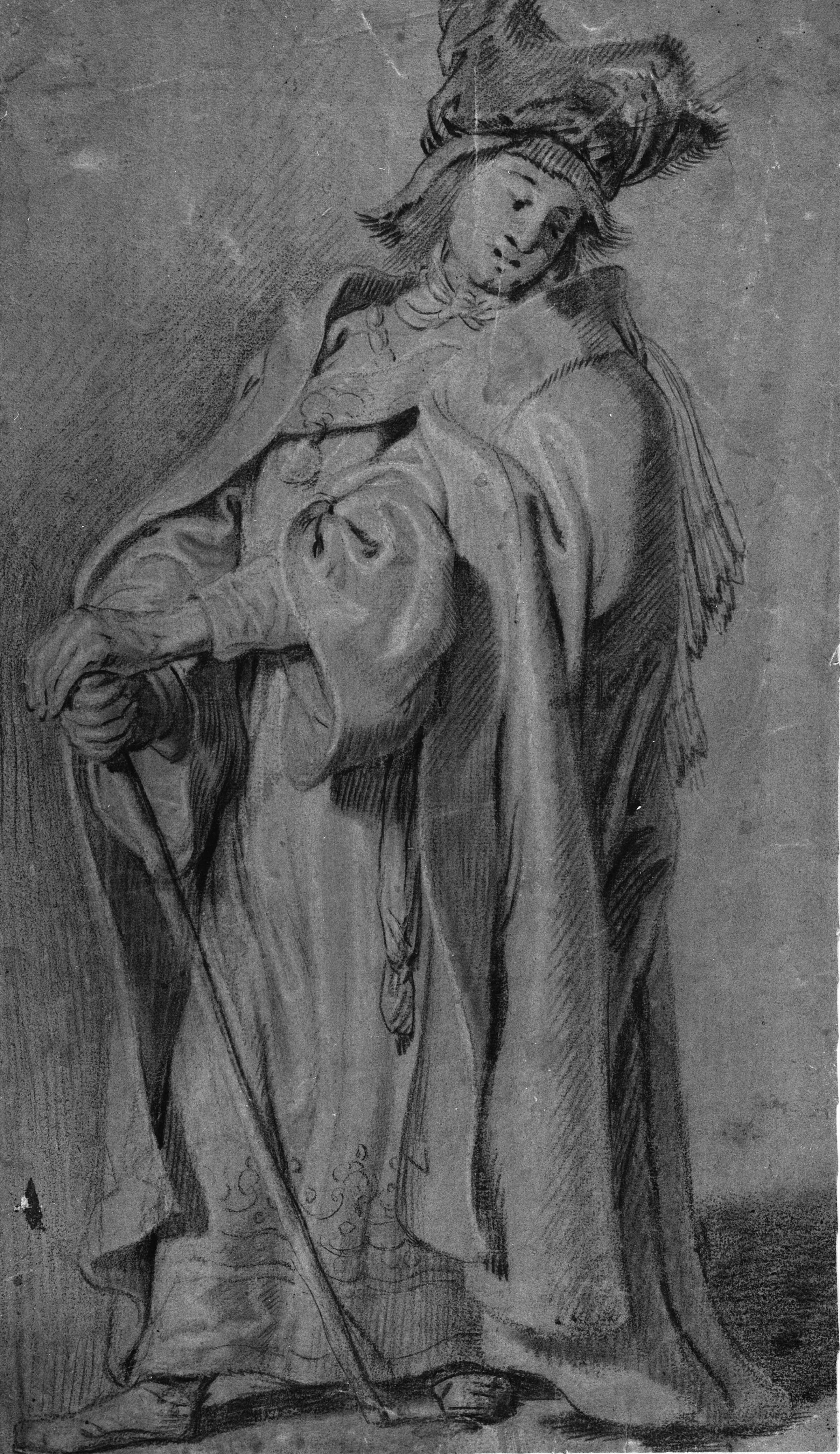 Stående figur, vendt mod venstre, i kappe og pelshue, støttende sig ved en stav., Mander III, Karel van, 1609-1670