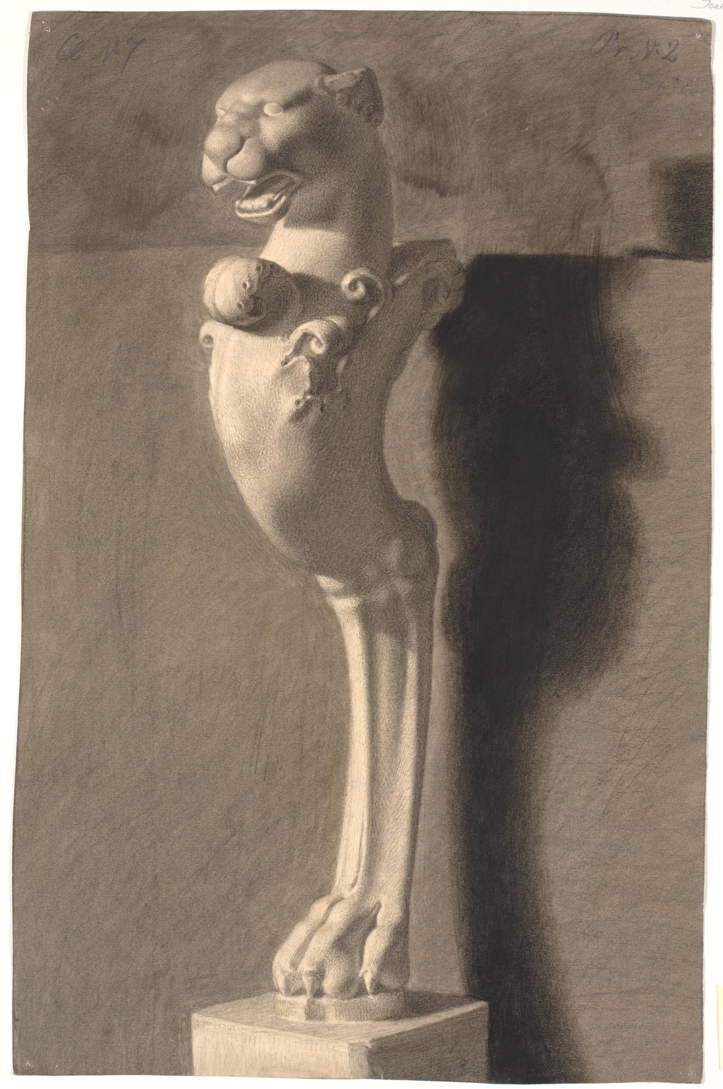 Tegning efter gips. Kopi efter antik (?) skulptur. Ornament med løvehoved og -fod, Joakim Skovgaard, 1872