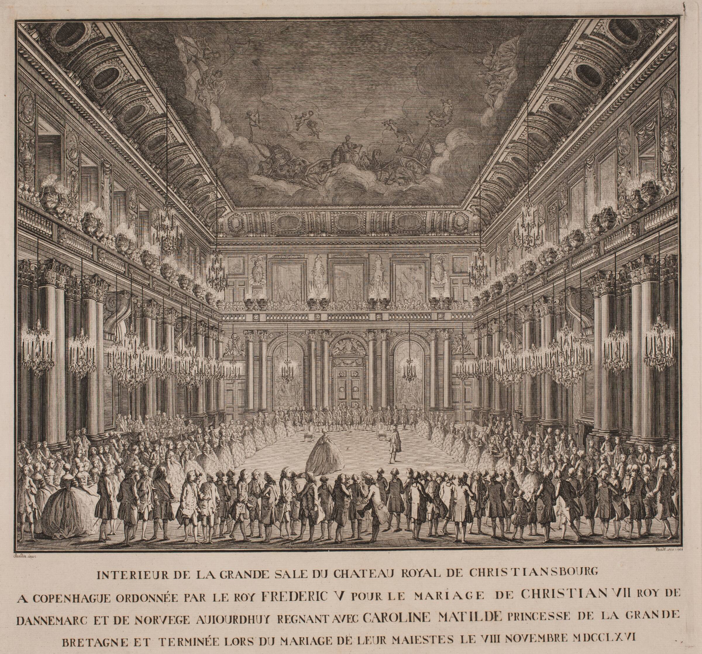 Hofballet i Christiansborgs riddersal ved Christian VII's bryllup med Caroline Mathilde, J.G. Bradt, 1768