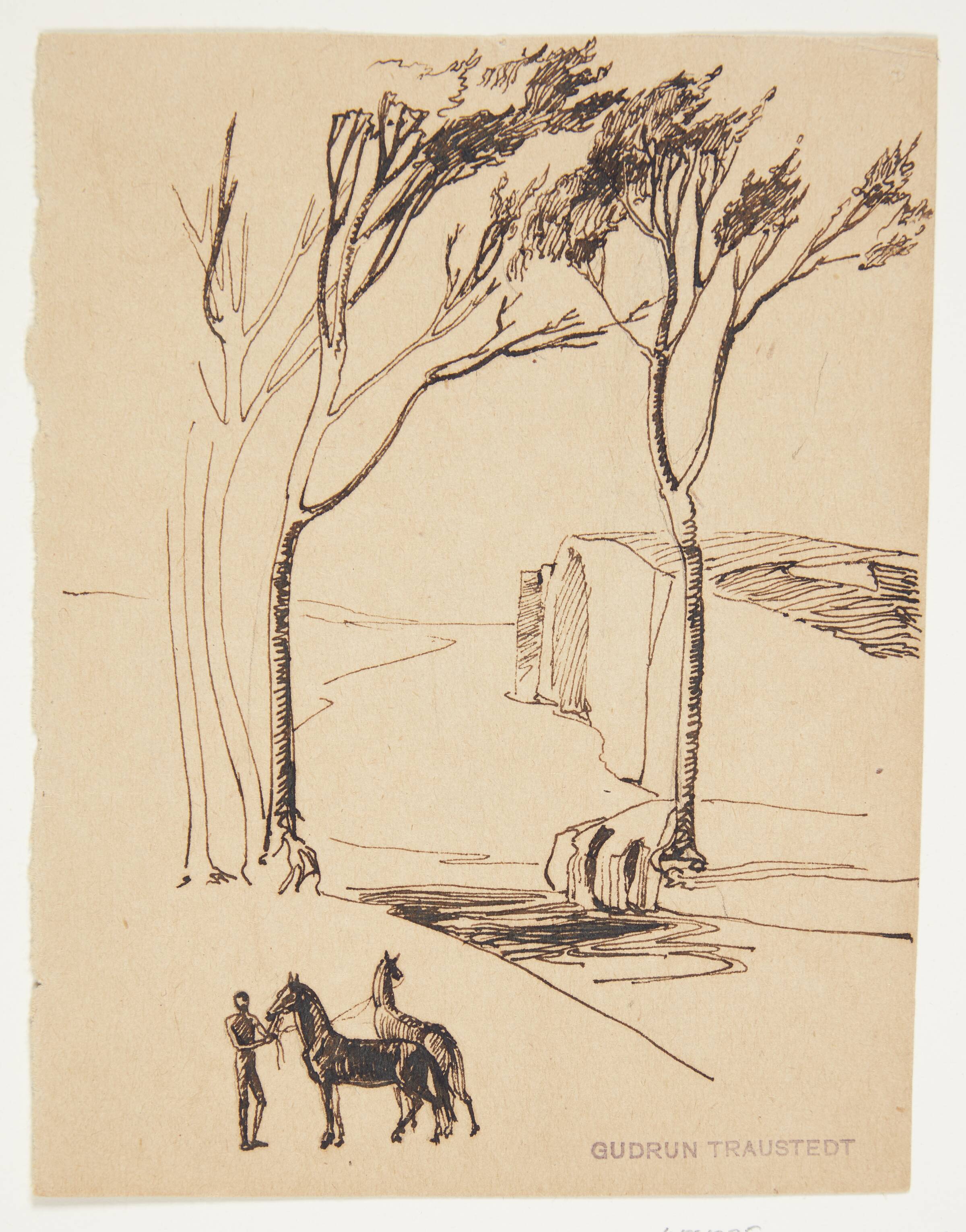 Ideallandskab.I forgrunden mand med to heste, Traustedt, Gudrun, 1915-1924