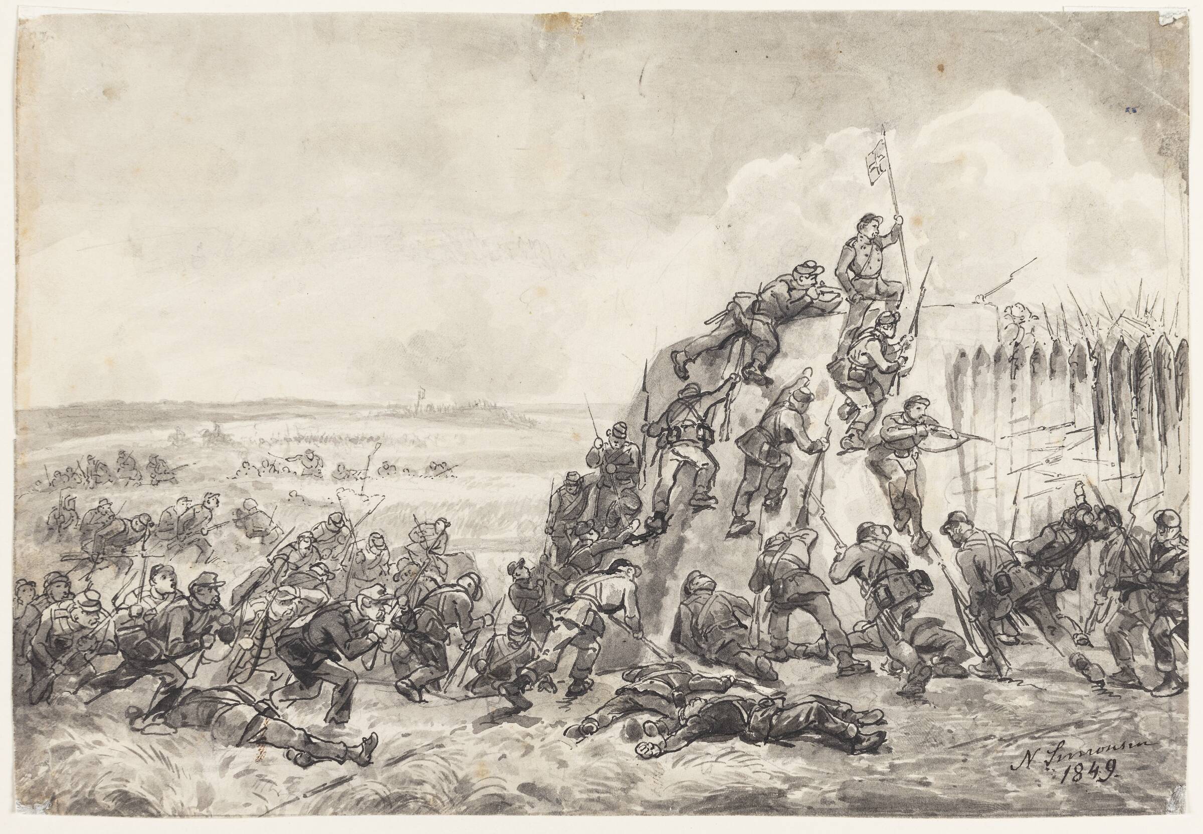 Danske soldater stormer en palisaderække. Fra kampen ved Frederica, Niels Simonsen, 1849