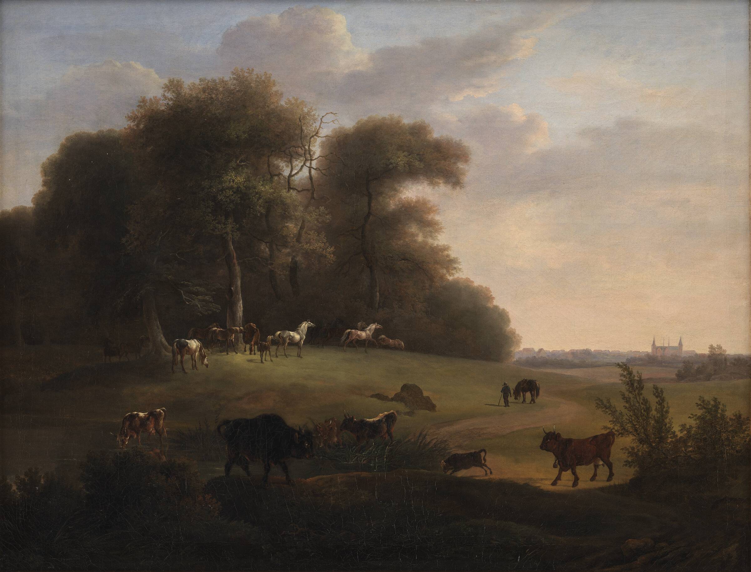 Keld Skov ved Frederiksborg med en del af det kongelige stutteri. I forgrunden schweizer- og tyrolerkvæg, Christian David Gebauer, 1792-1825
