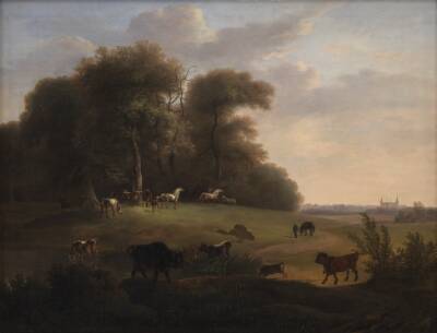 Keld Skov ved Frederiksborg med en del af det kongelige stutteri. I forgrunden schweizer- og tyrolerkvæg