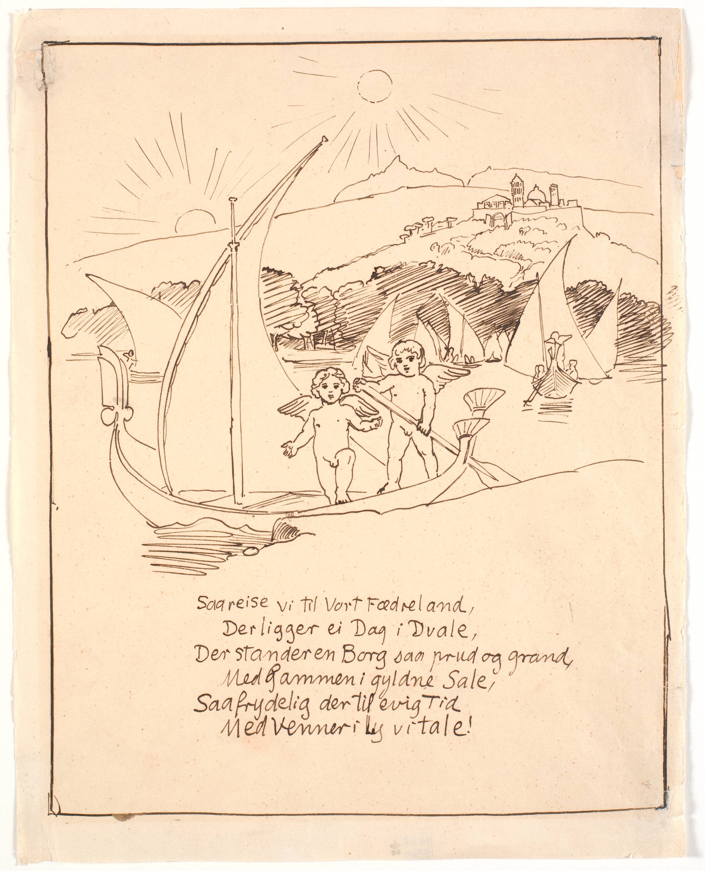 Udkast til sidste illustration med englebørnene i båden, Joakim Skovgaard, 1885