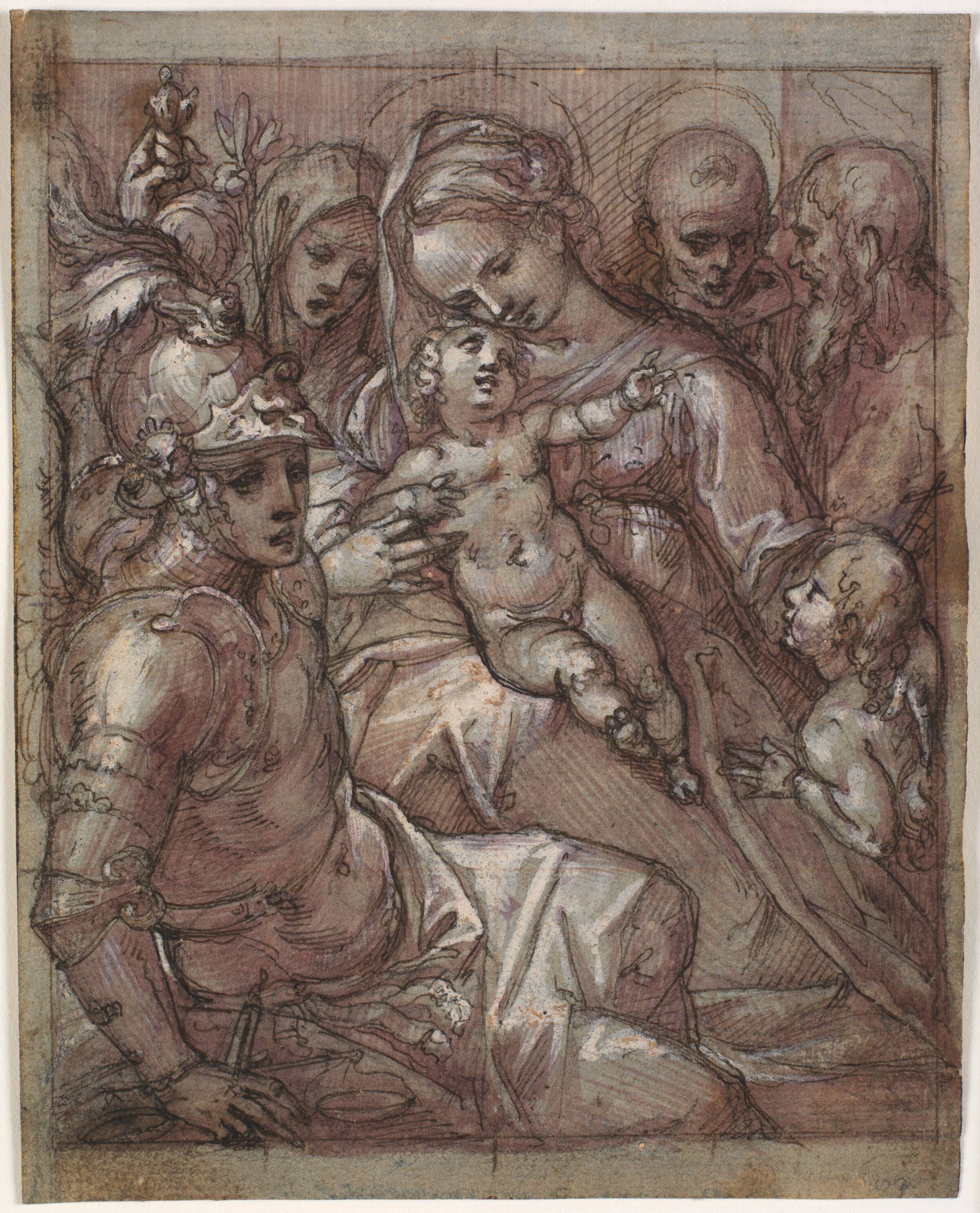 Jomfru Maria og Jesusbarnet med Johannes Døberen som dreng, Bernardino af Siena (?), Kathrine af Siena, ærkeenglen Michael og en skægget helgen, Francesco Rustici, 1592-1626