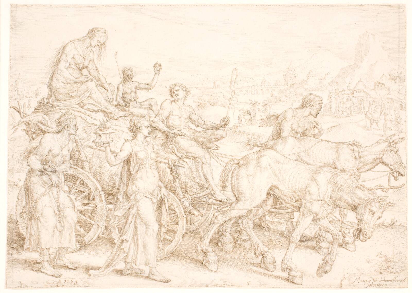 Triumfvogn. Inopia (nød), Maarten van Heemskerck, 1563