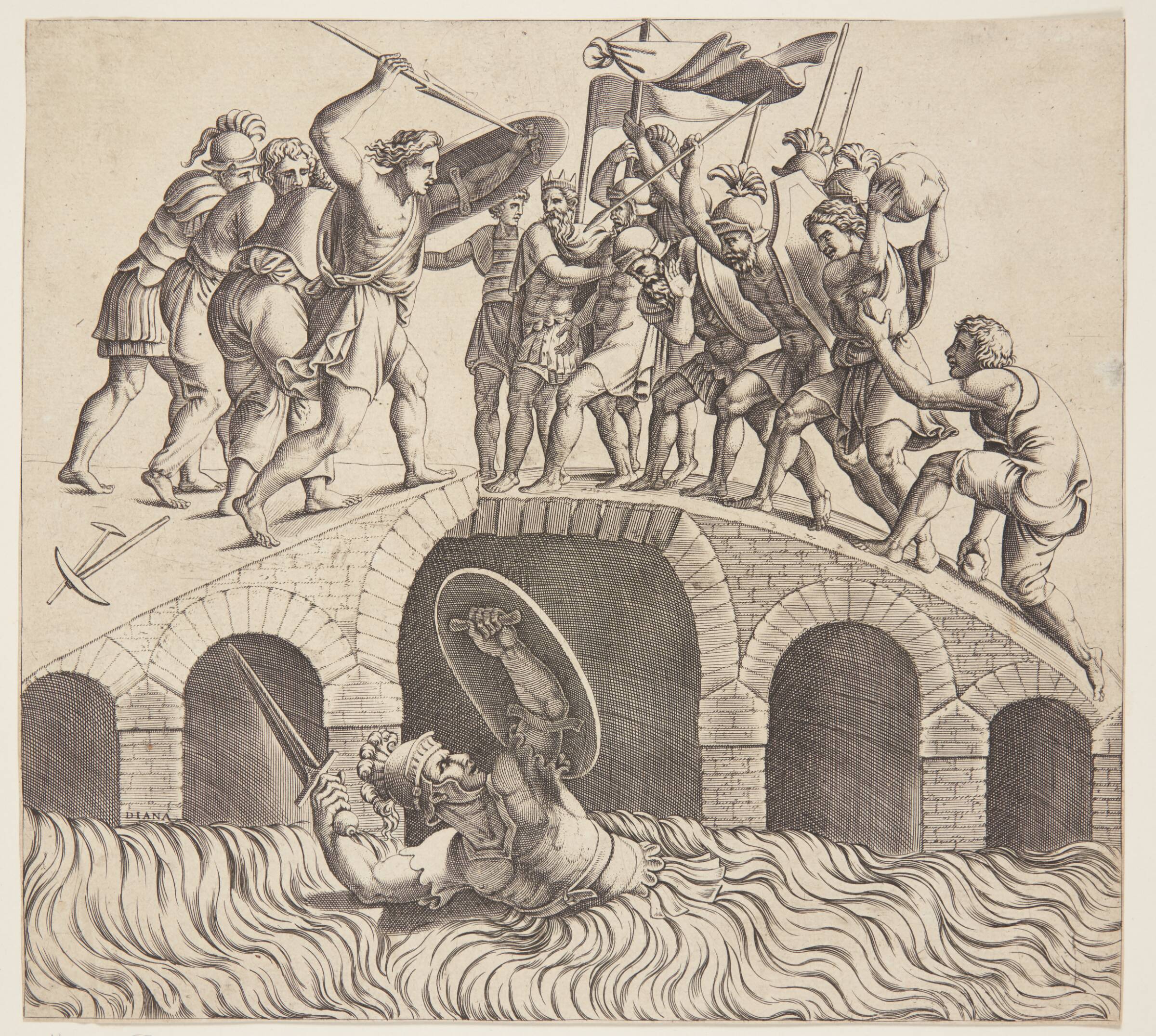 Horatius Cocles undslipper i Tiberen, Diana Scultori, 1536-1588