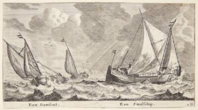 To skibe i oprørt hav. En "damschuit" og et "smalschip"