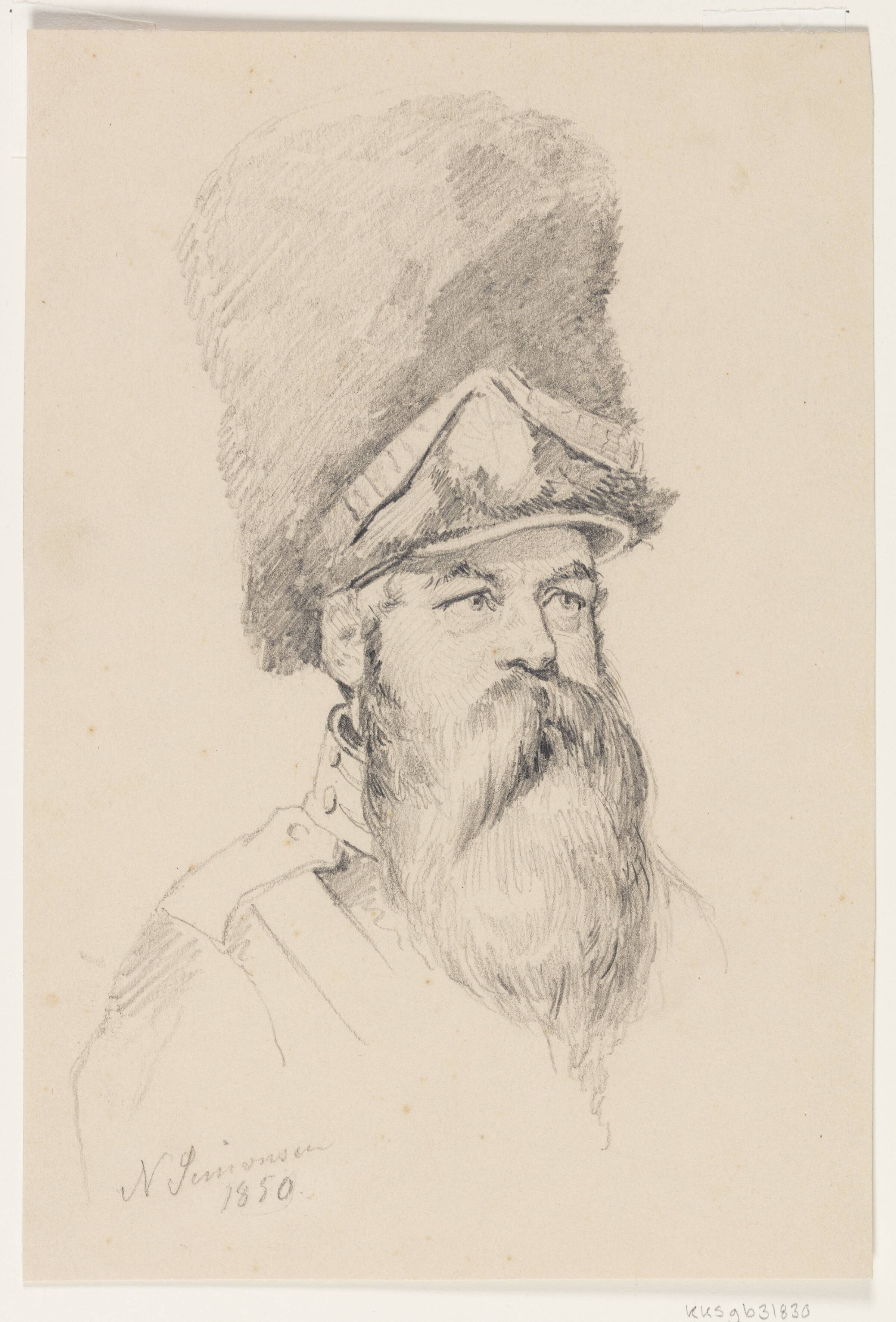 Brystbillede af en garder med stort skæg, Niels Simonsen, 1850