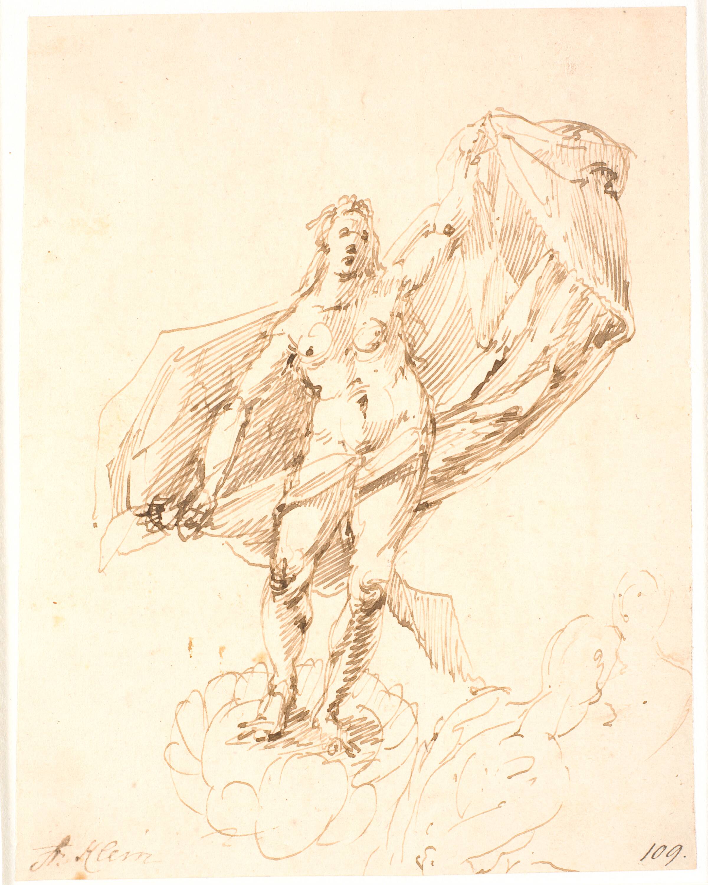 Kvinde, som med en stor bevægelse udfolder et draperi bag sig. Forneden til højre rids af to ignudi, Frantz Clein, 1582-1658
