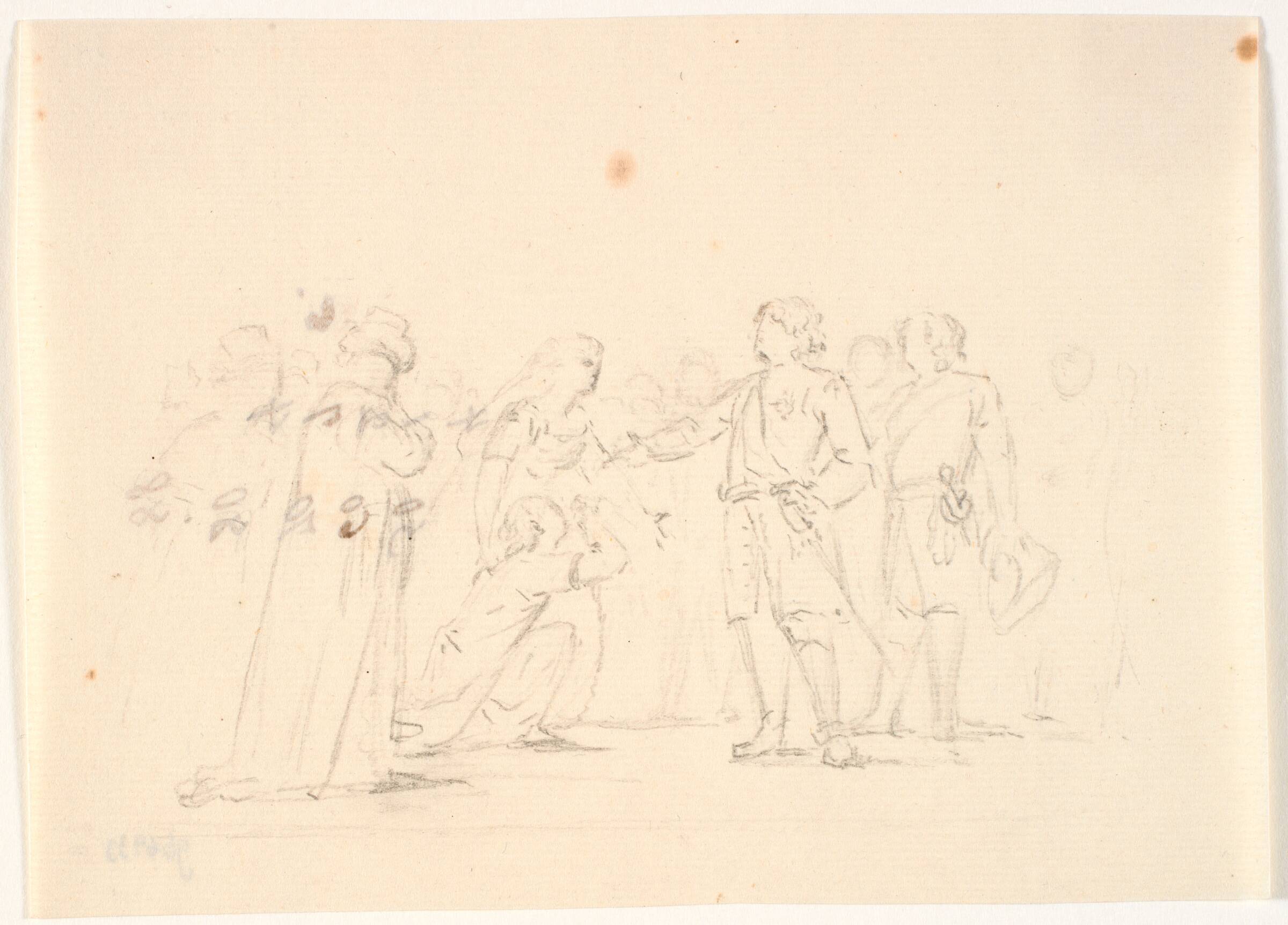 Scene med fem figurer og rids af andre i baggrunden, C.A. Lorentzen, 1746-1828
