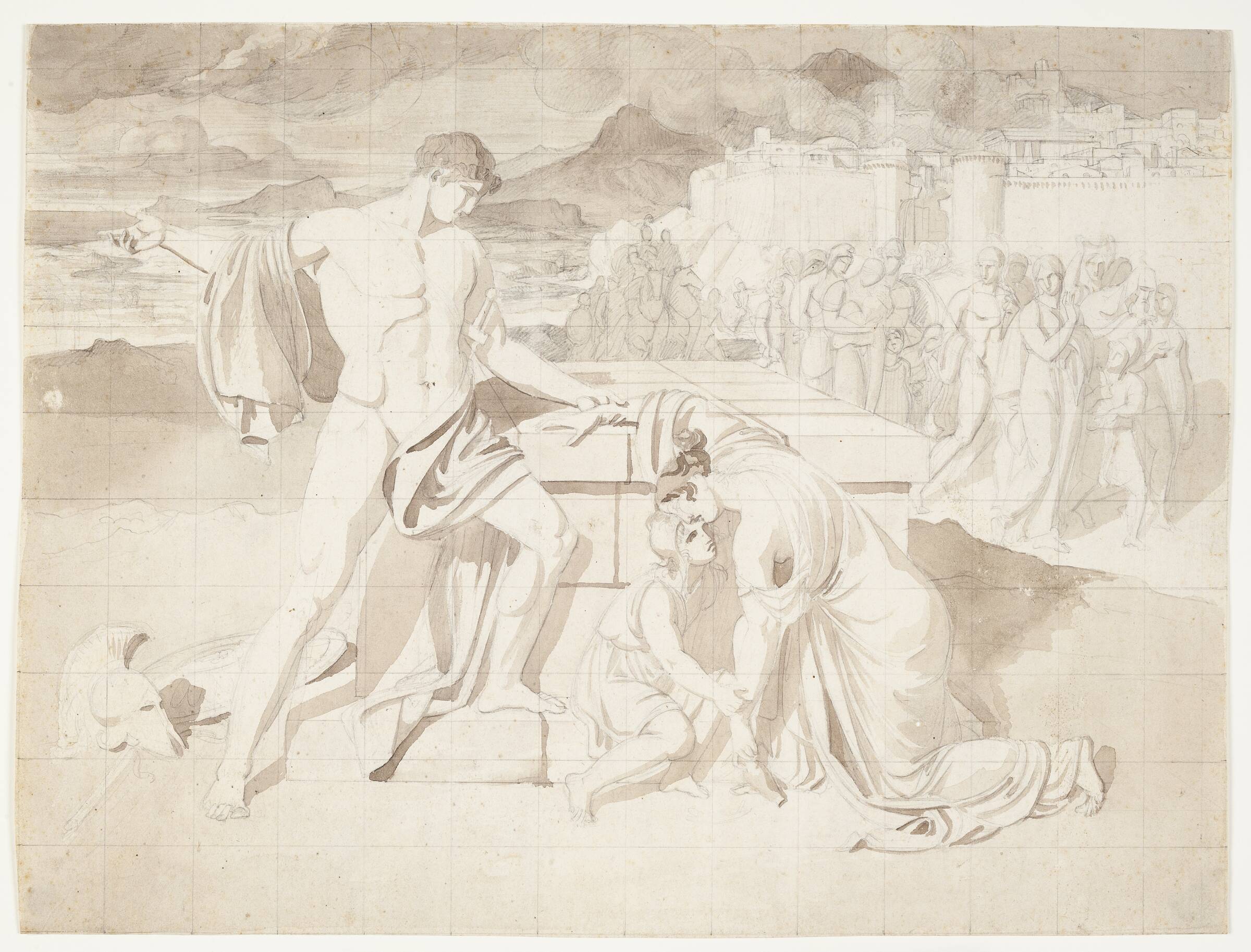 Andromache og sønnen Astyanax sammen med Pyrrhus ved Hectors sarkofag, J.L. Lund, 1807-1811
