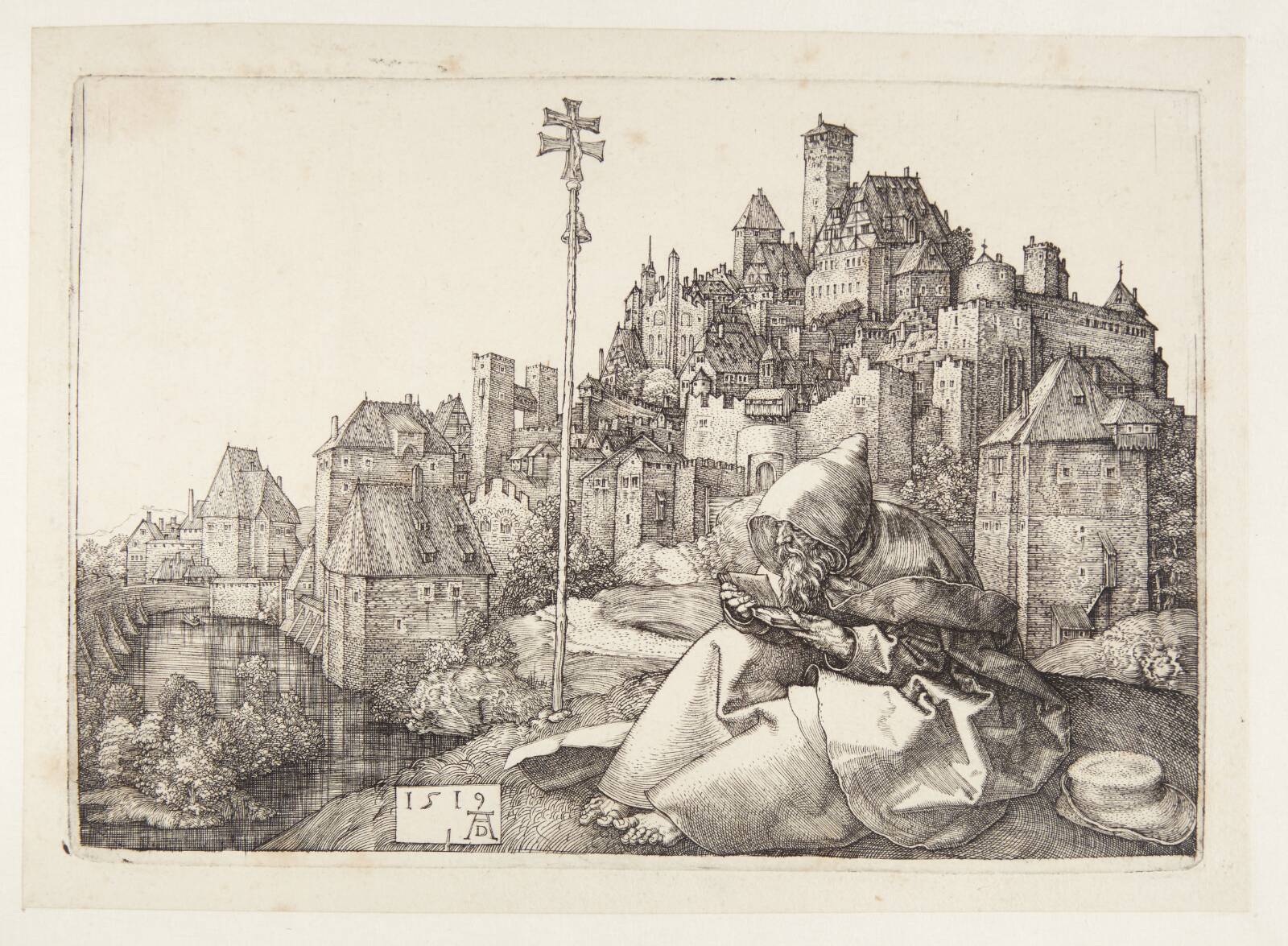 Den hellige Antonius foran en by, Albrecht Dürer, 1519