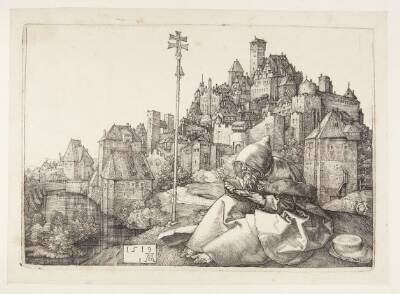 Den hellige Antonius foran en by