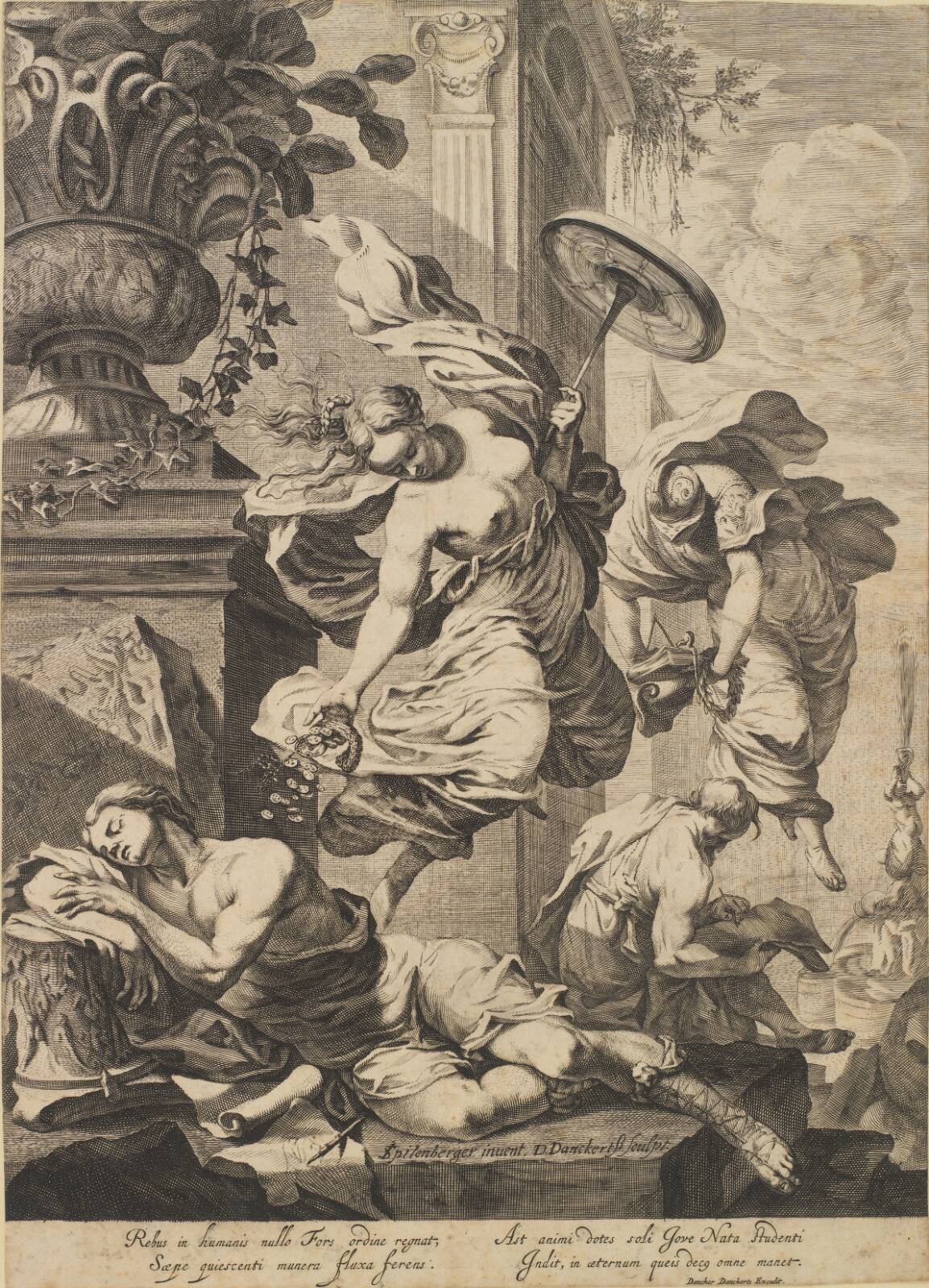 Allegory with Fortuna and a sleeping artist in antique costume, by Dancker Danckerts, 1634-1666