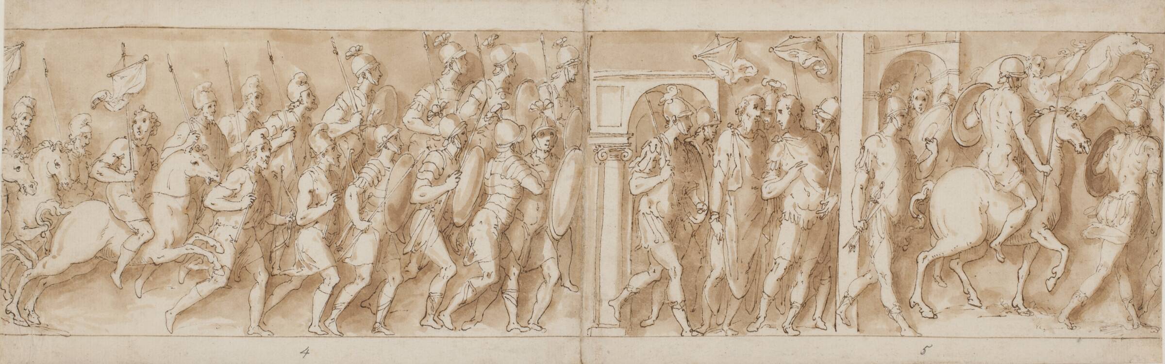 Romerne drager over en bro til krigen mod sarmaterne, på broen står Pompejus og Marcus Aurelius; slag mellem romere og sarmatere (fragment), Джованни Гуэрра, 1544-1618