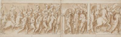 Romerne drager over en bro til krigen mod sarmaterne, på broen står Pompejus og Marcus Aurelius; slag mellem romere og sarmatere (fragment)