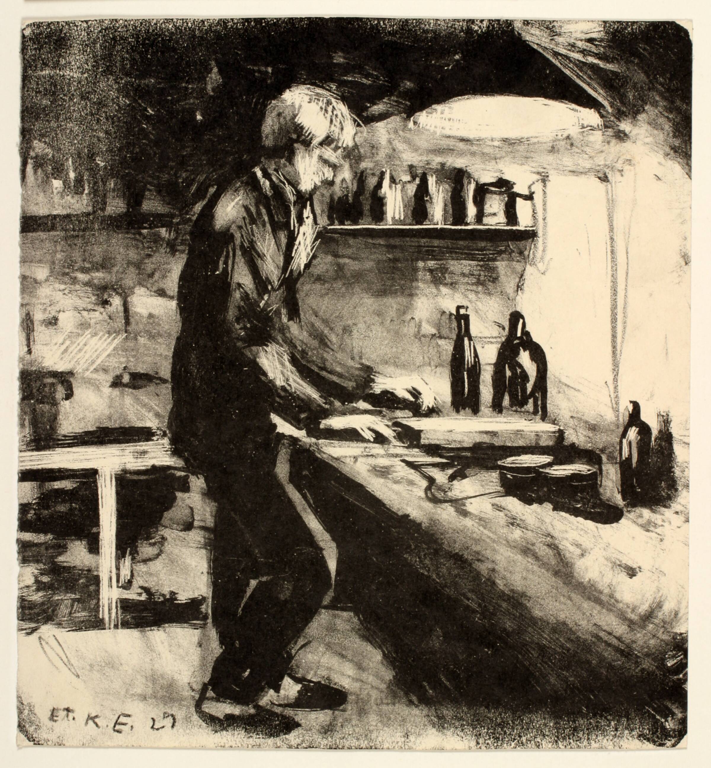 Interiør fra Grafisk Skole med maleren Alfred Simonsen, Kaj Ejstrup, 1929