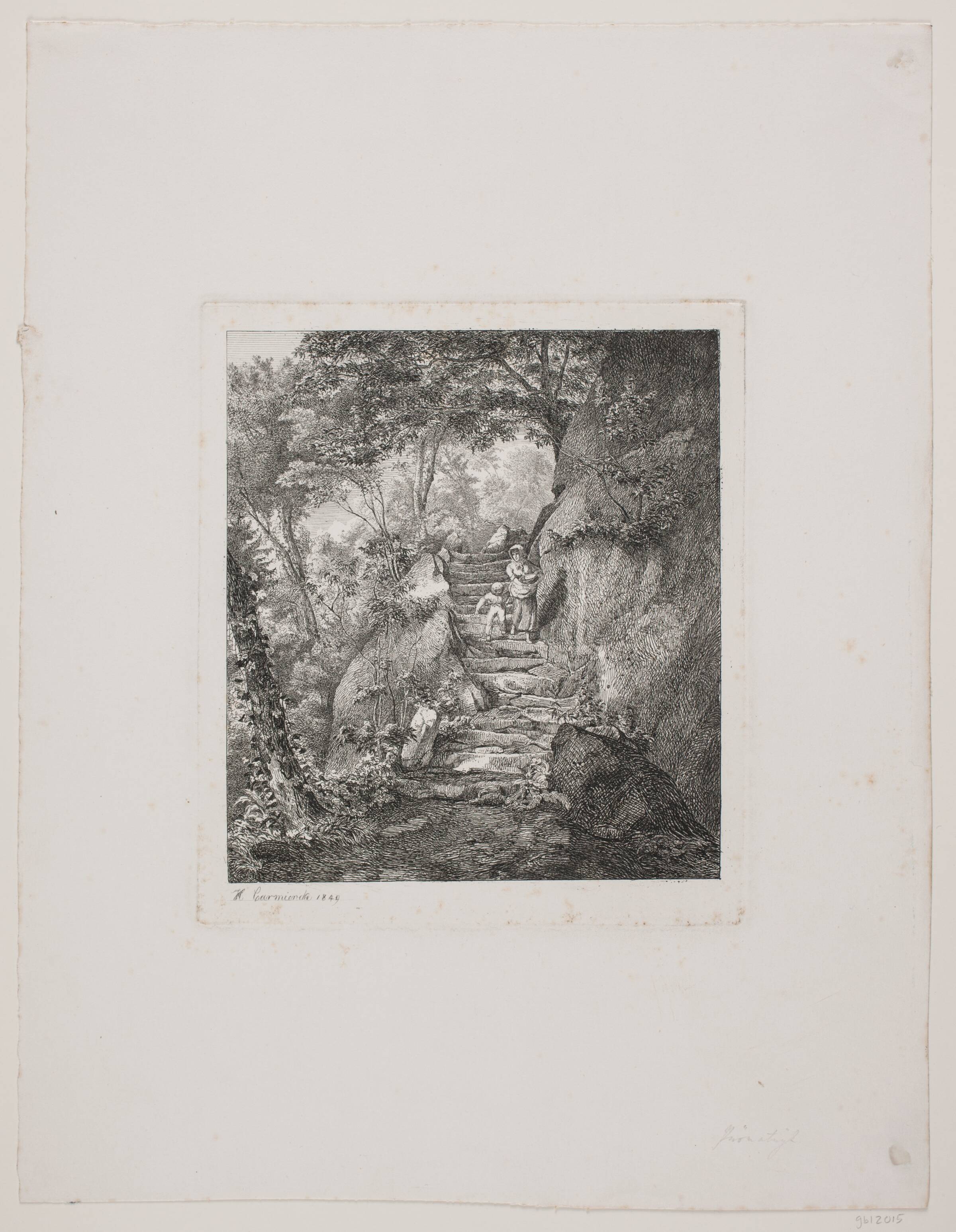 Kvinde og barn på en klippetrappe, Hermann Carmiencke, 1849