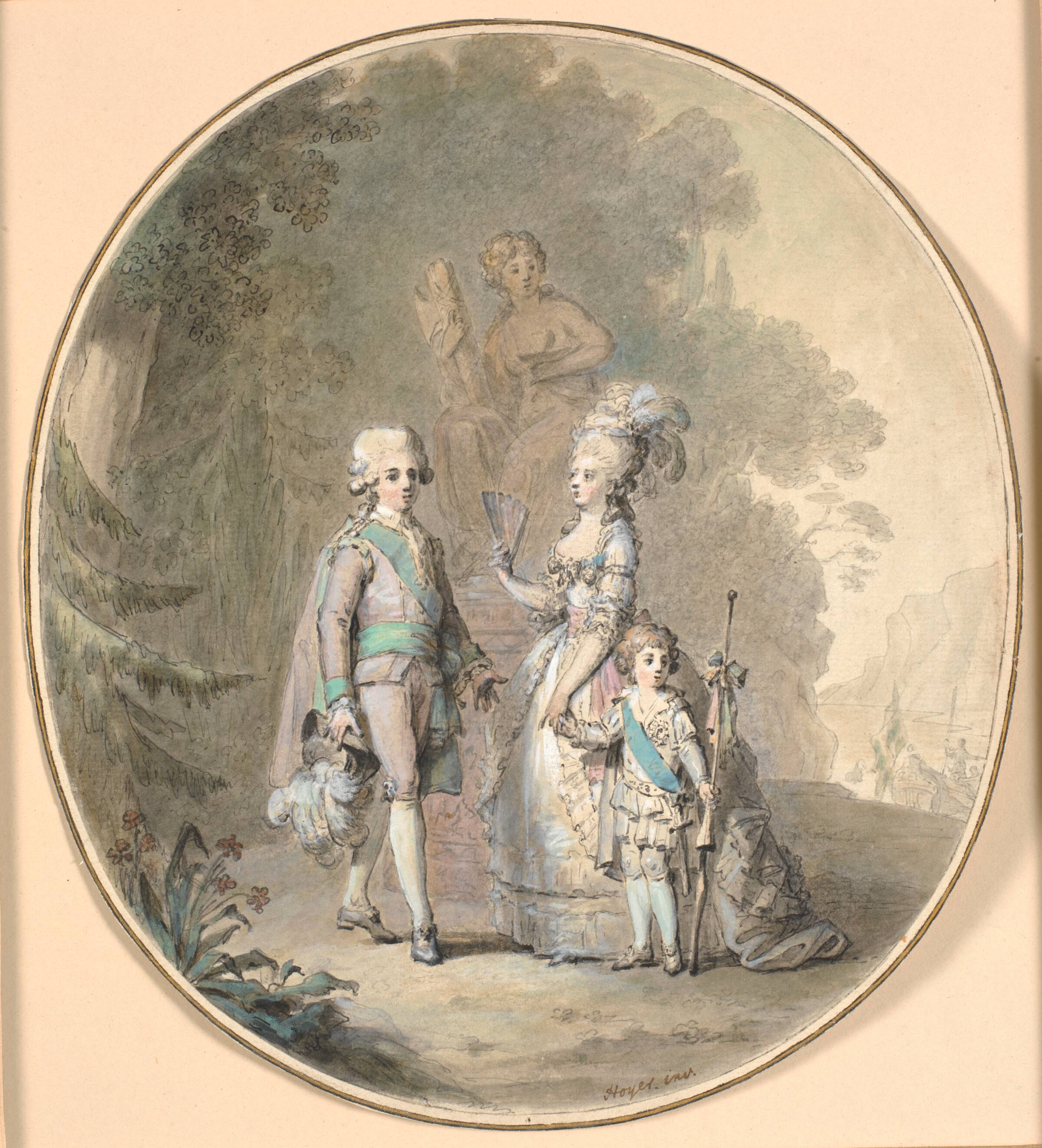 Gustav III, dronning Sophie Magdalene og kronprins Gustav Adolph spadserende i Hagaparken., Cornelius Høyer, 1784-1785