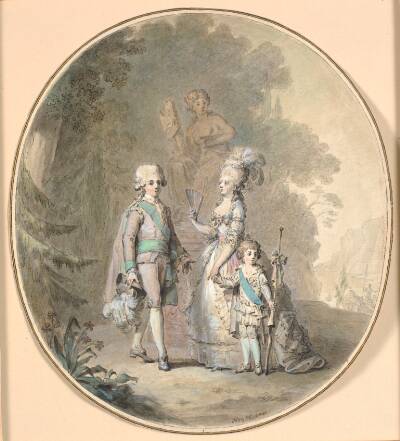 Gustav III, dronning Sophie Magdalene og kronprins Gustav Adolph spadserende i Hagaparken.