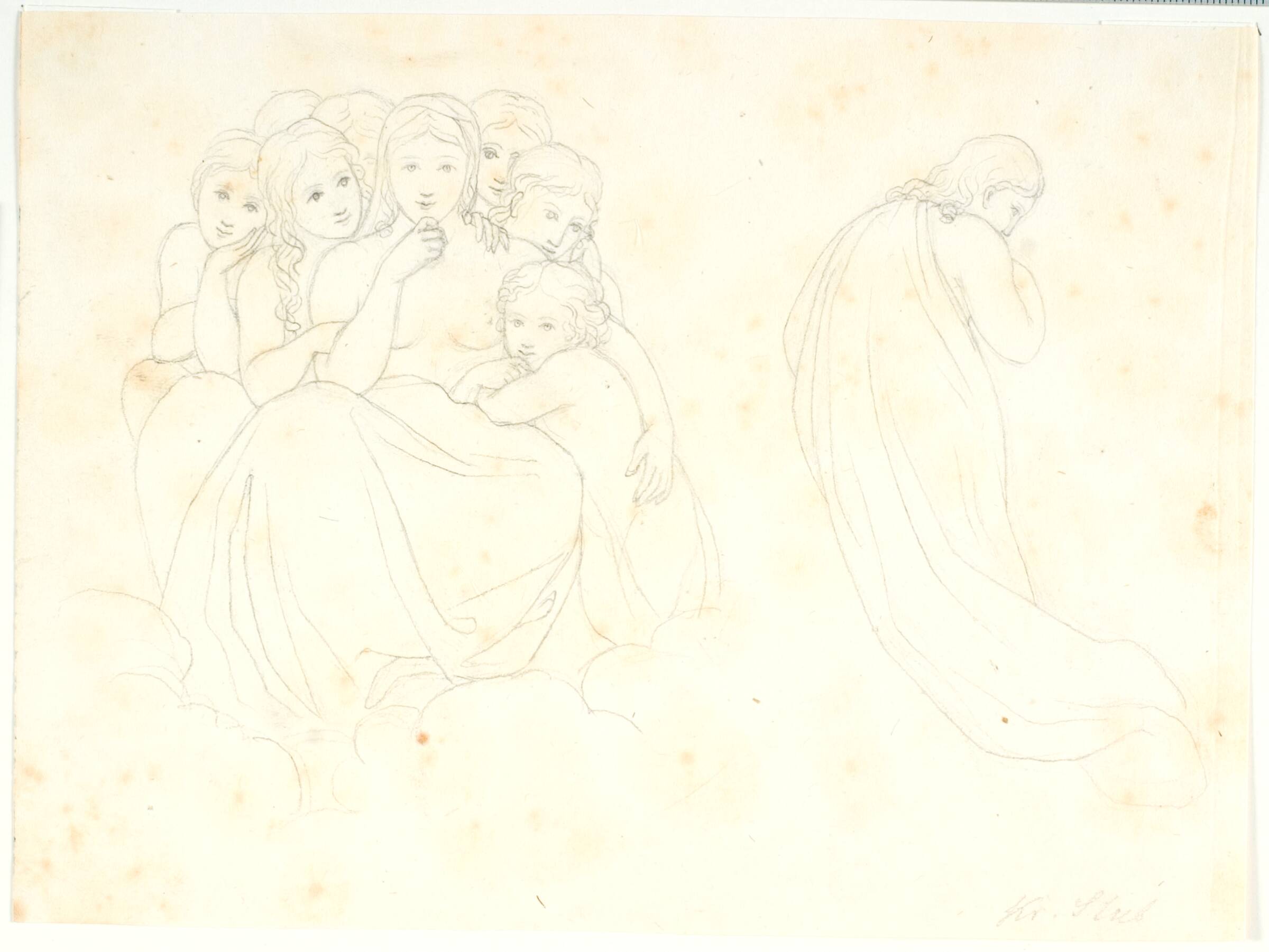 Kvinde siddende på skyer omgivet af en flok børn, til højre en svævende figur, C.G. Kratzenstein Stub, 1814-1815