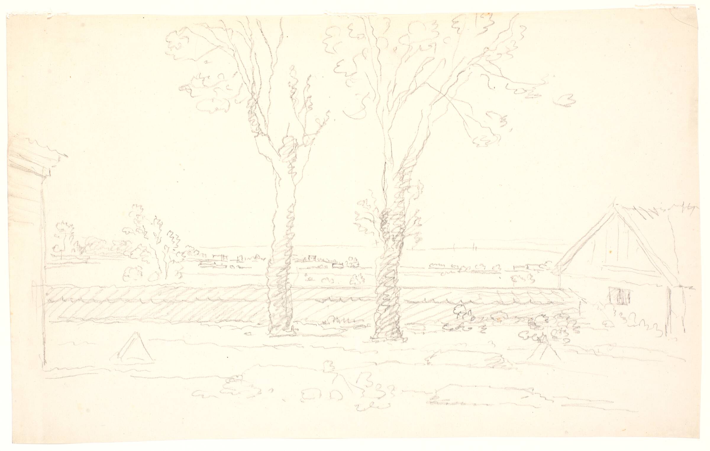 Landskab med to træer i midten. T.h. gavlen af et hus, C.A. Lorentzen, 1746-1828