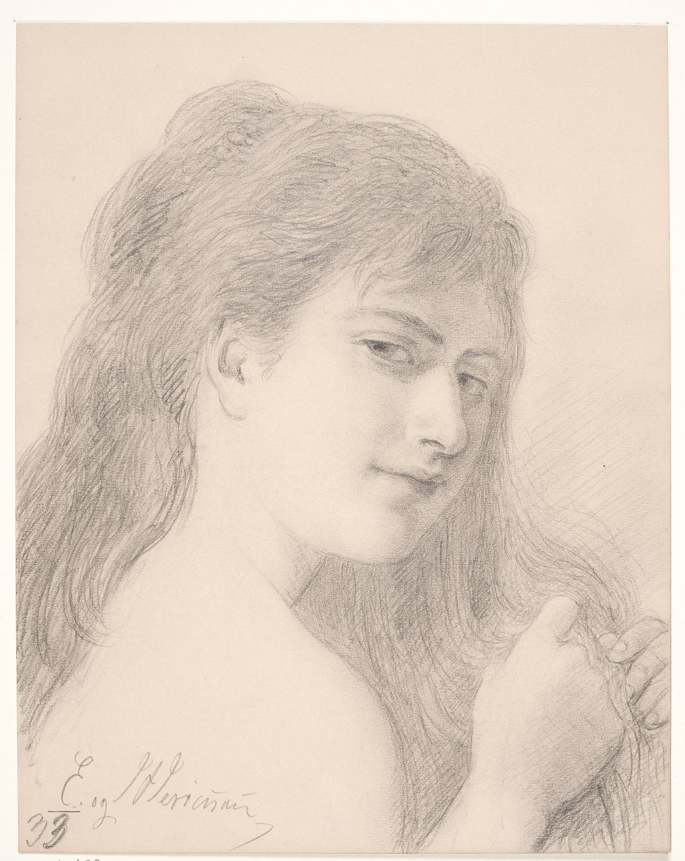 Brystbillede af en kvinde, der fletter sit hår, Elisabeth Jerichau Baumann, 1833