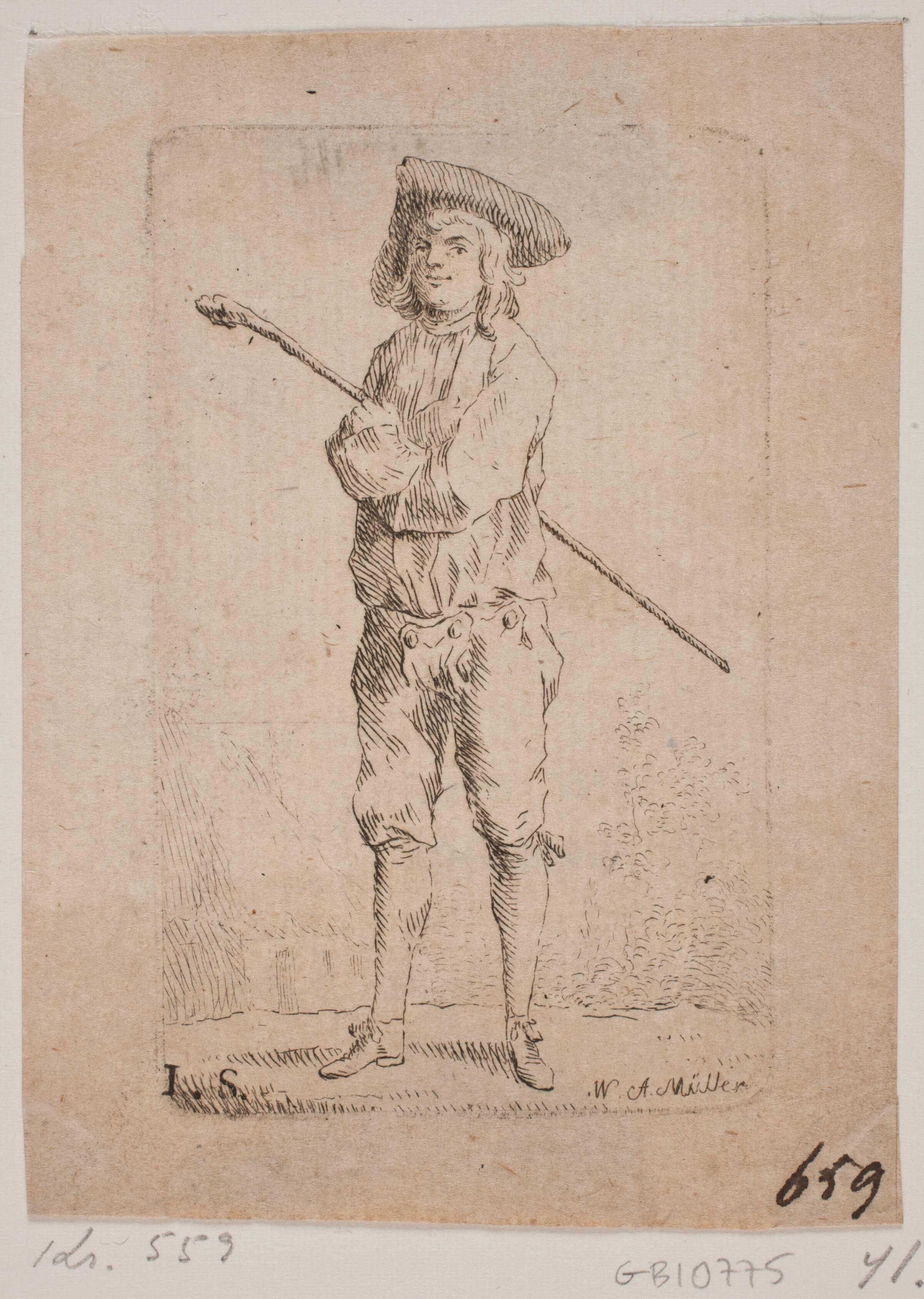 Mand med Stok, hel Figur, W.A. Müller, 1733-1816