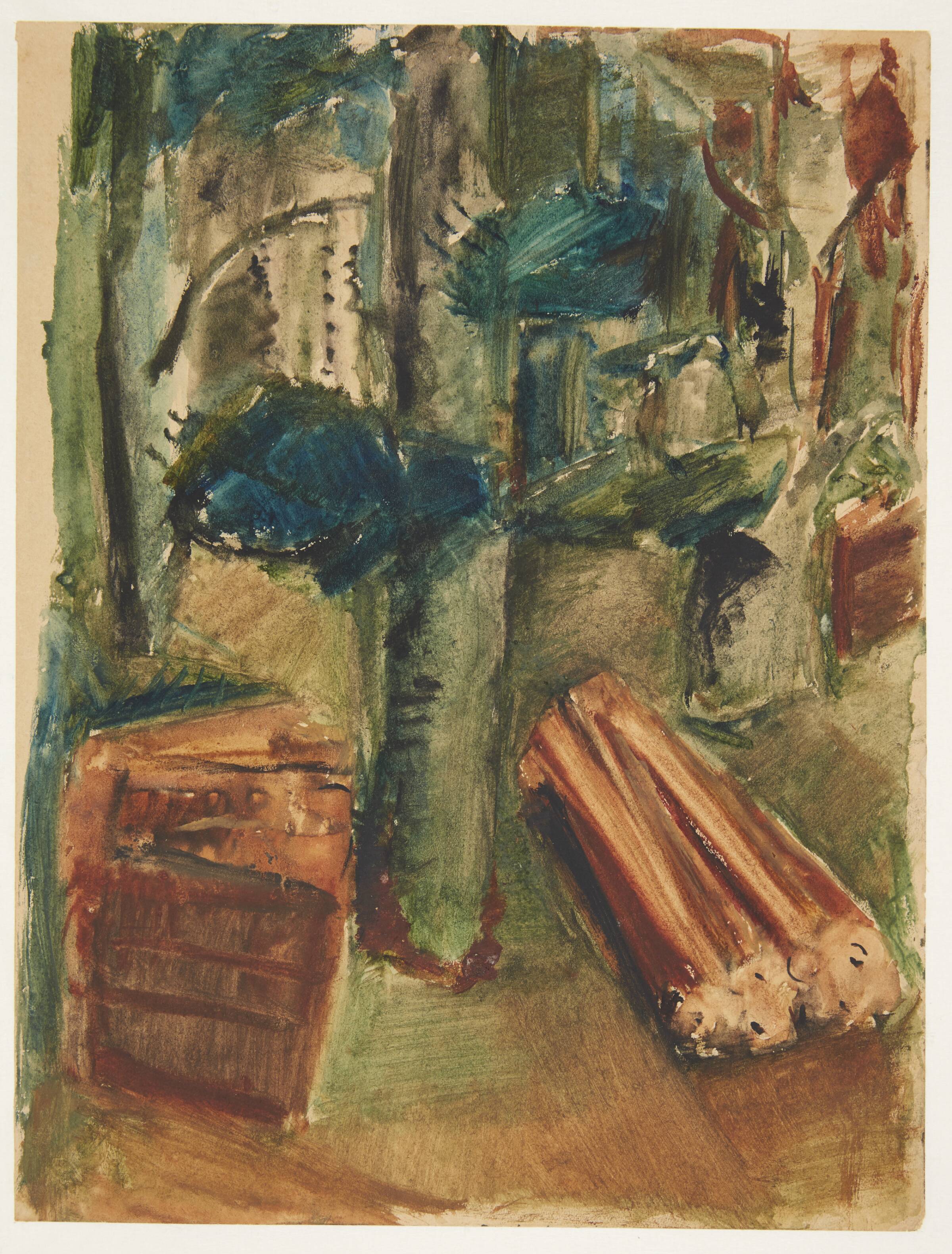 Skovparti med fældede stammer og brændestapel, Ebba Carstensen, 1900-1967