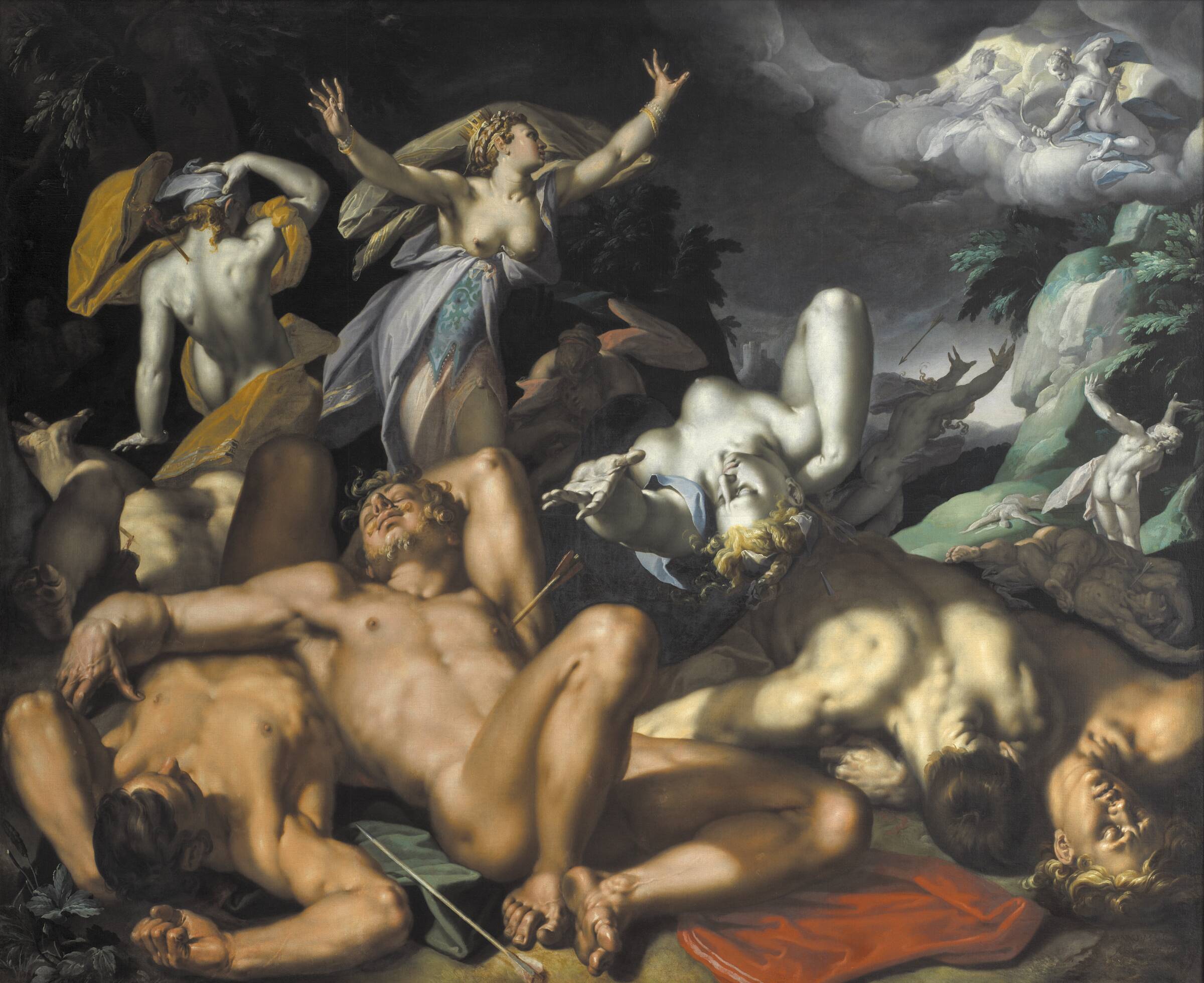 Apollon og Diana straffer Niobe ved at dræbe hendes børn, Abraham Bloemaert, 1591