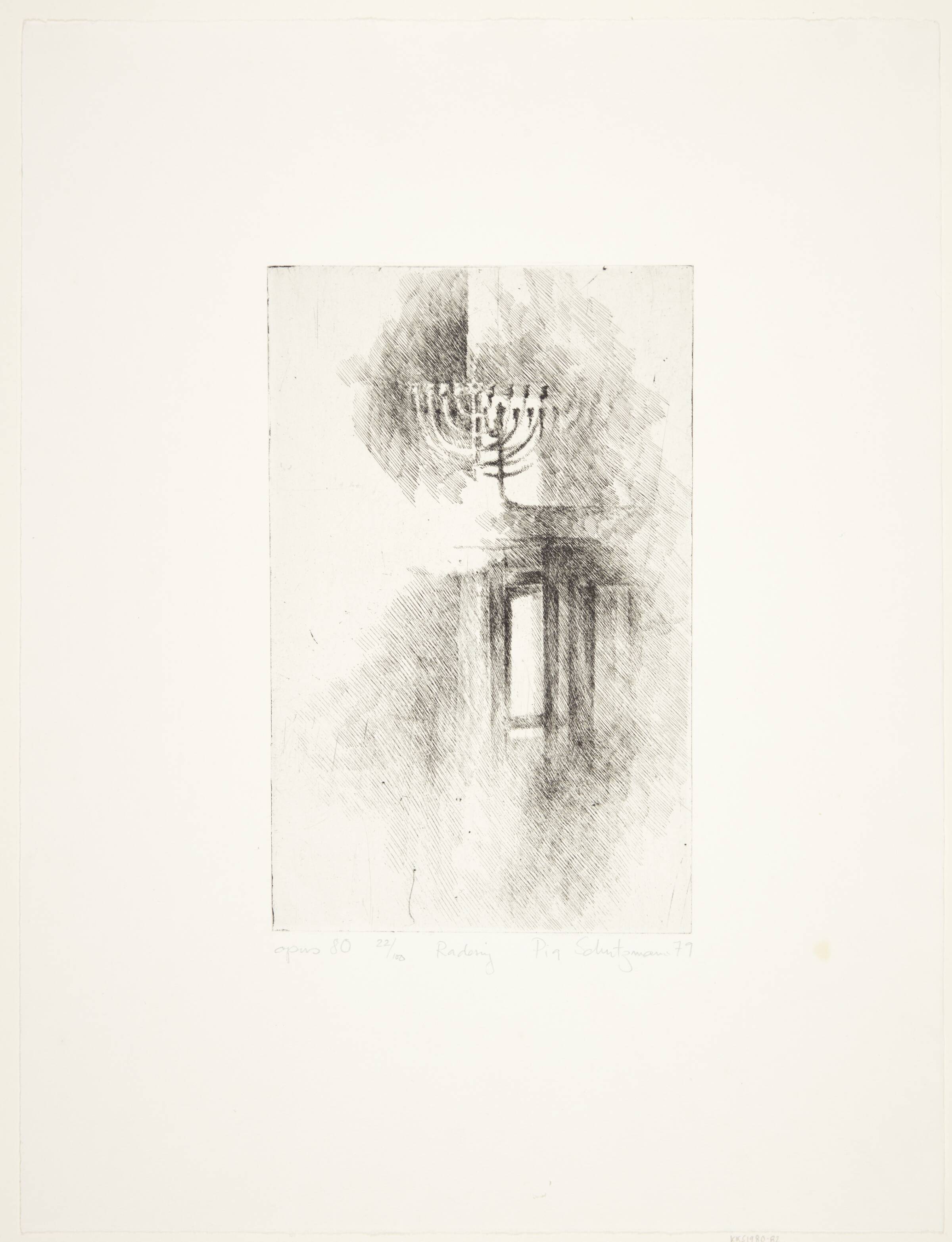 Interiør med syvarmet lysestage, Pia Schutzmann, 1979