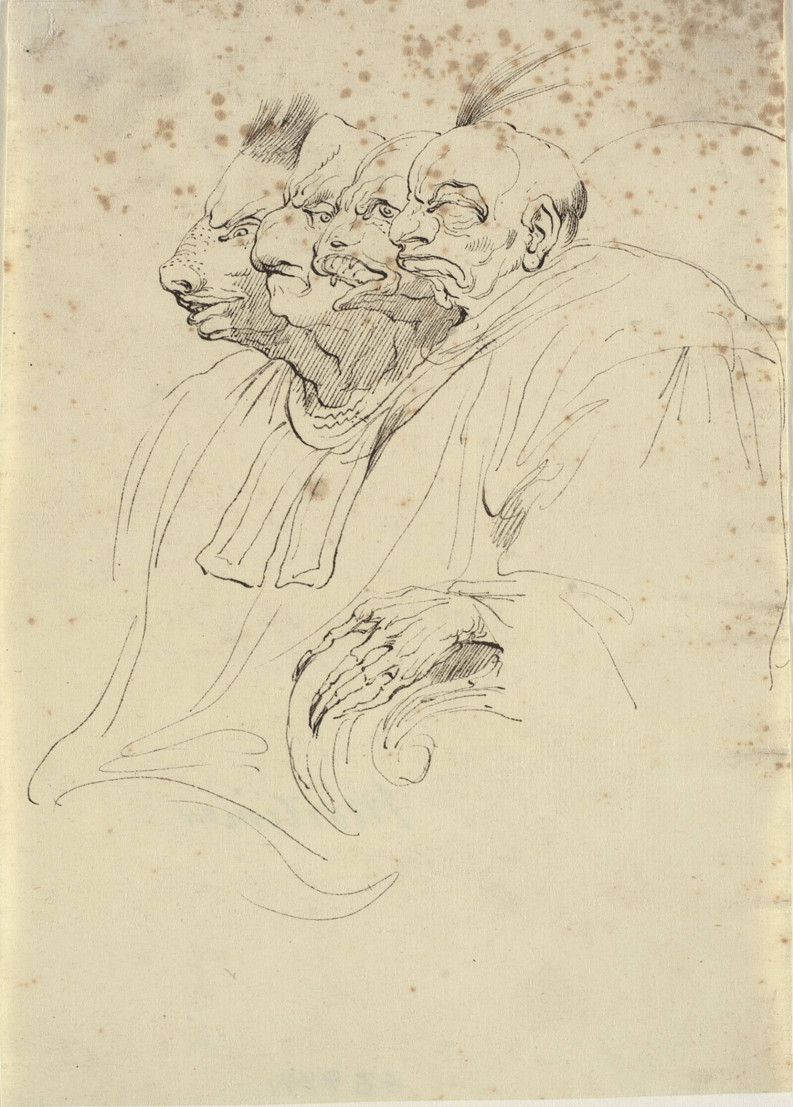 Fire profiler med dyrefysiognomier, John Hamilton Mortimer, 1769-1772