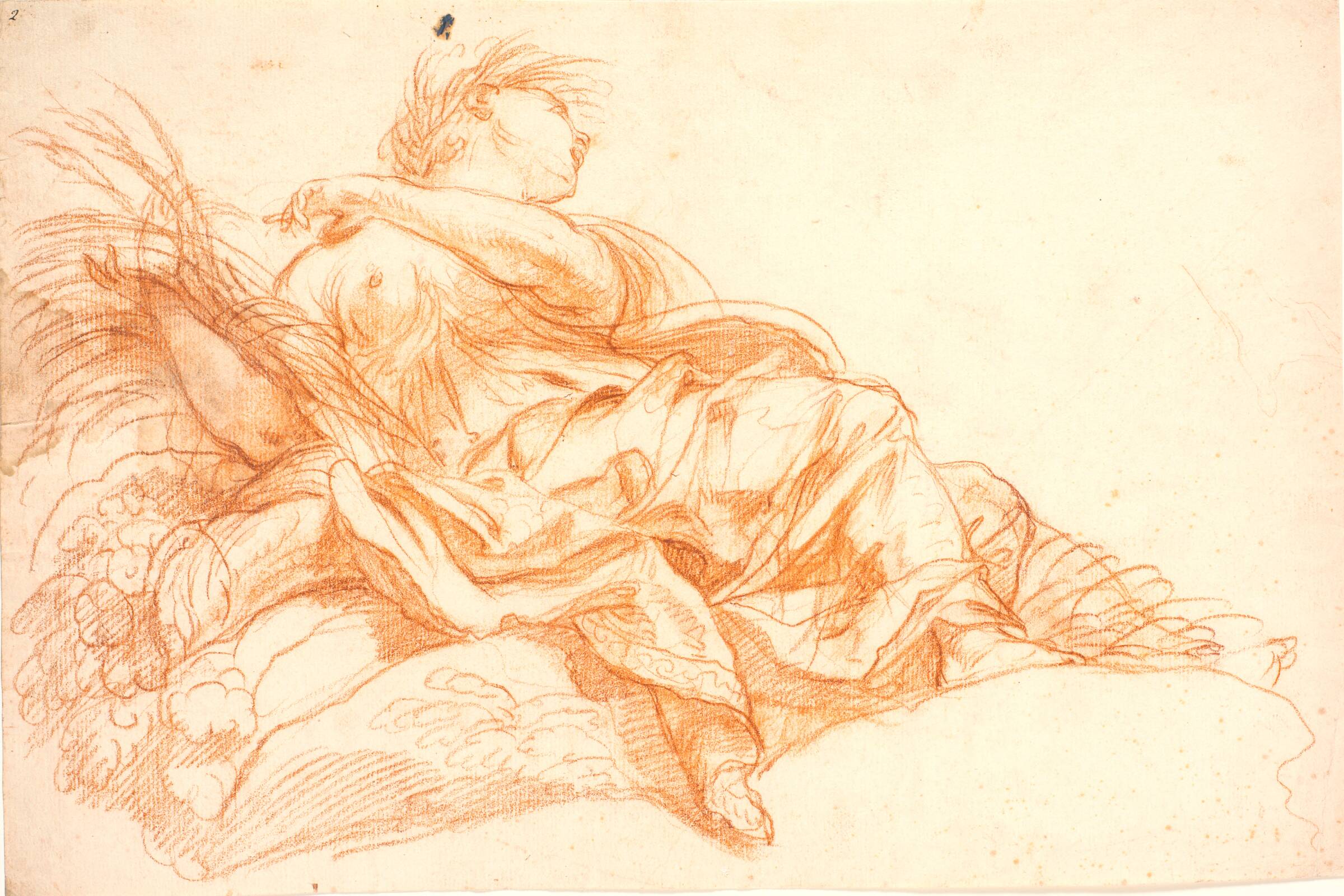 Liggende kvindefigur (Ceres?). Studie til loftsmaleri eller dørstykke, Bénoit Le Coffre, 1671-1722