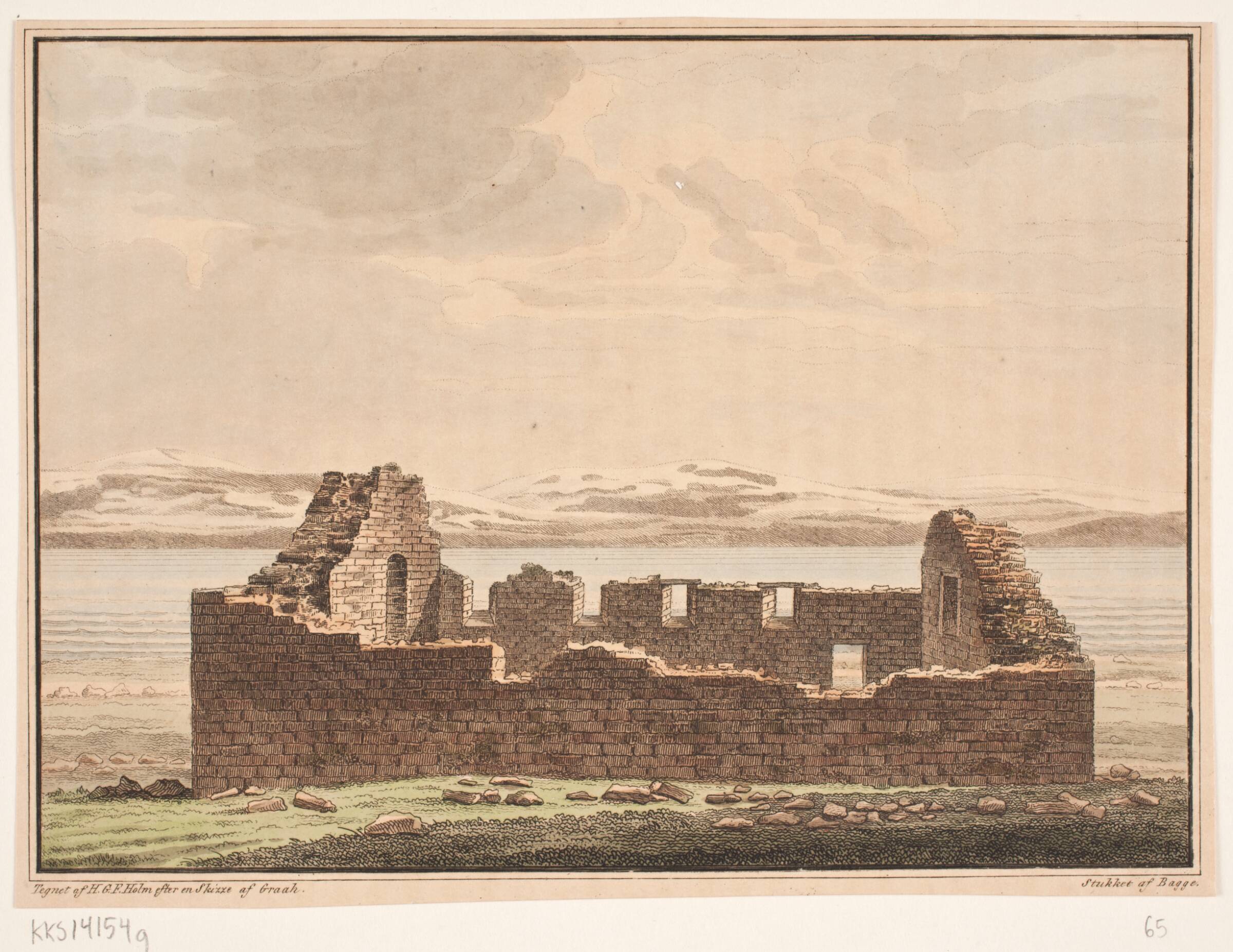 Kirkeruin på Grønland. Illustration til W.A. Graah. Undersøgelsesrejse til østkysten af Grønland, Oluf Olufsen Bagge, 1832