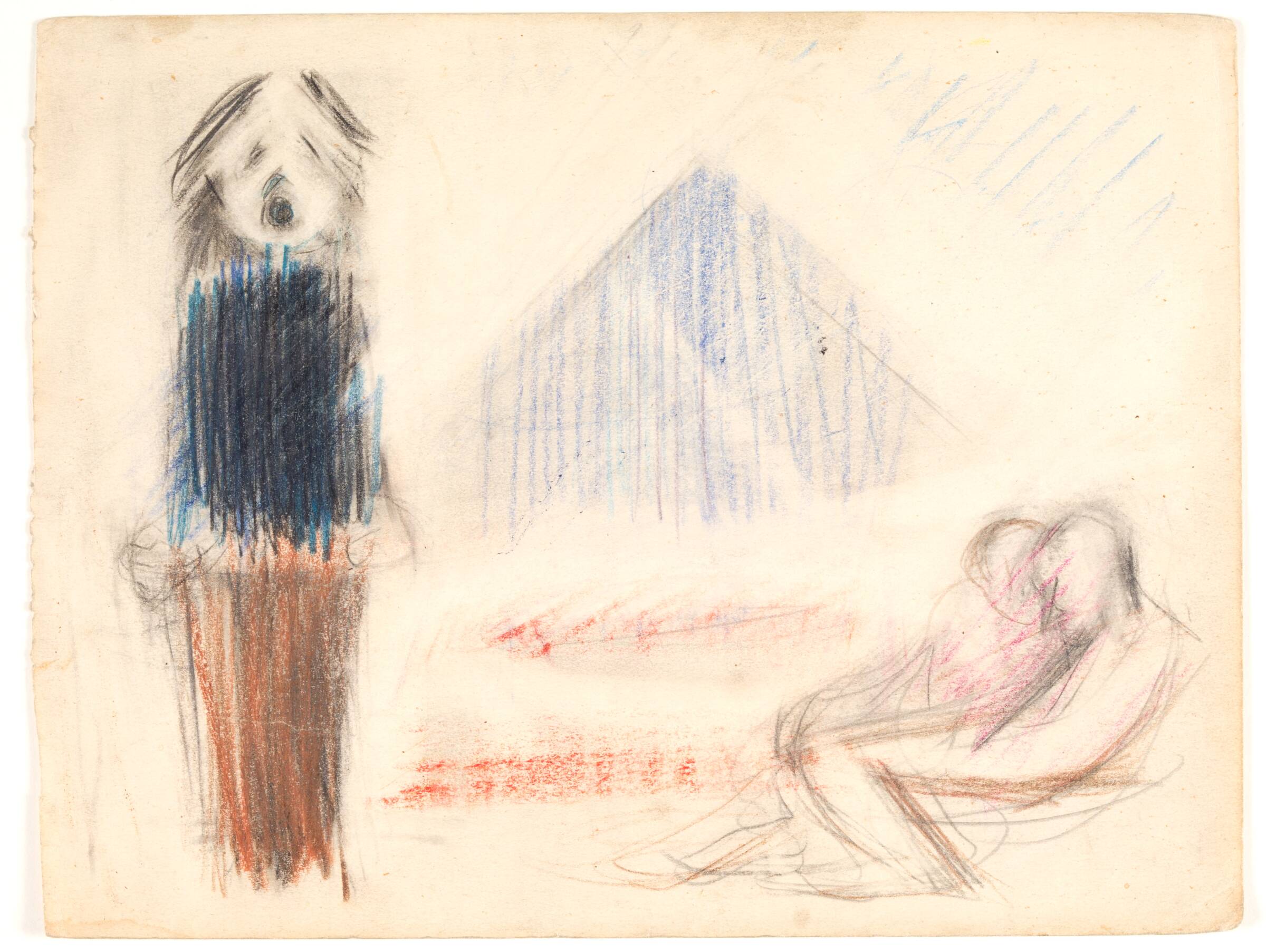 Stående figur med åben mund og kvinde der knælende læner sig ind til en mand, Søren Hjorth Nielsen, 1901-1983