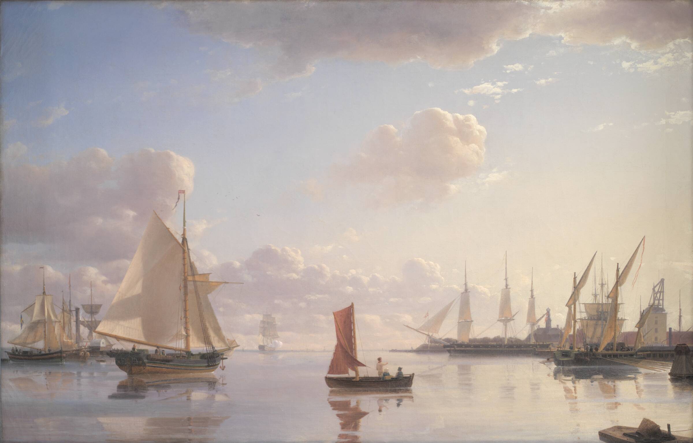 Udsigt fra Langelinie mod Nyholm med Mastekranen. Morgenbelysning, Emanuel Larsen, 1850