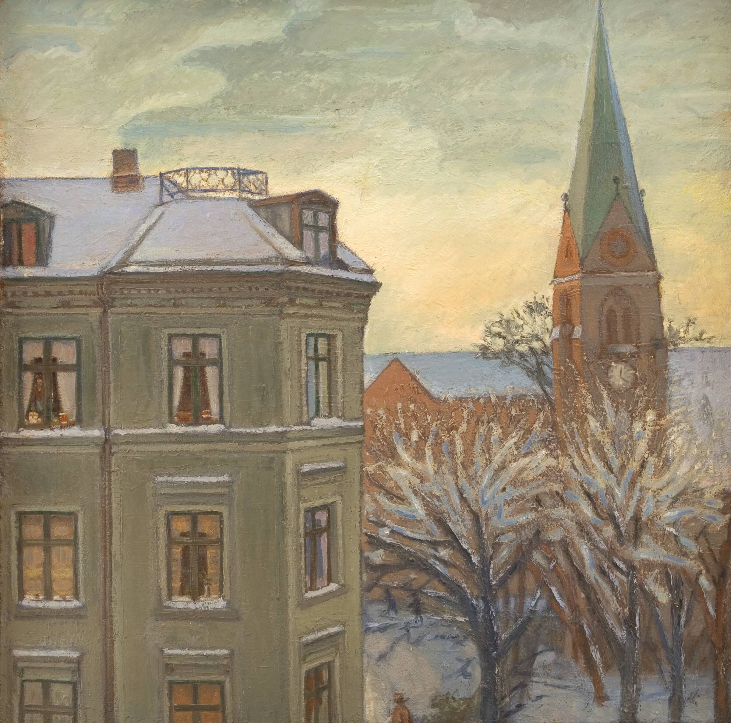 Etagehus og kirke. Helligkorskirken på Nørrebro, Carl Falbe-Hansen, 1940